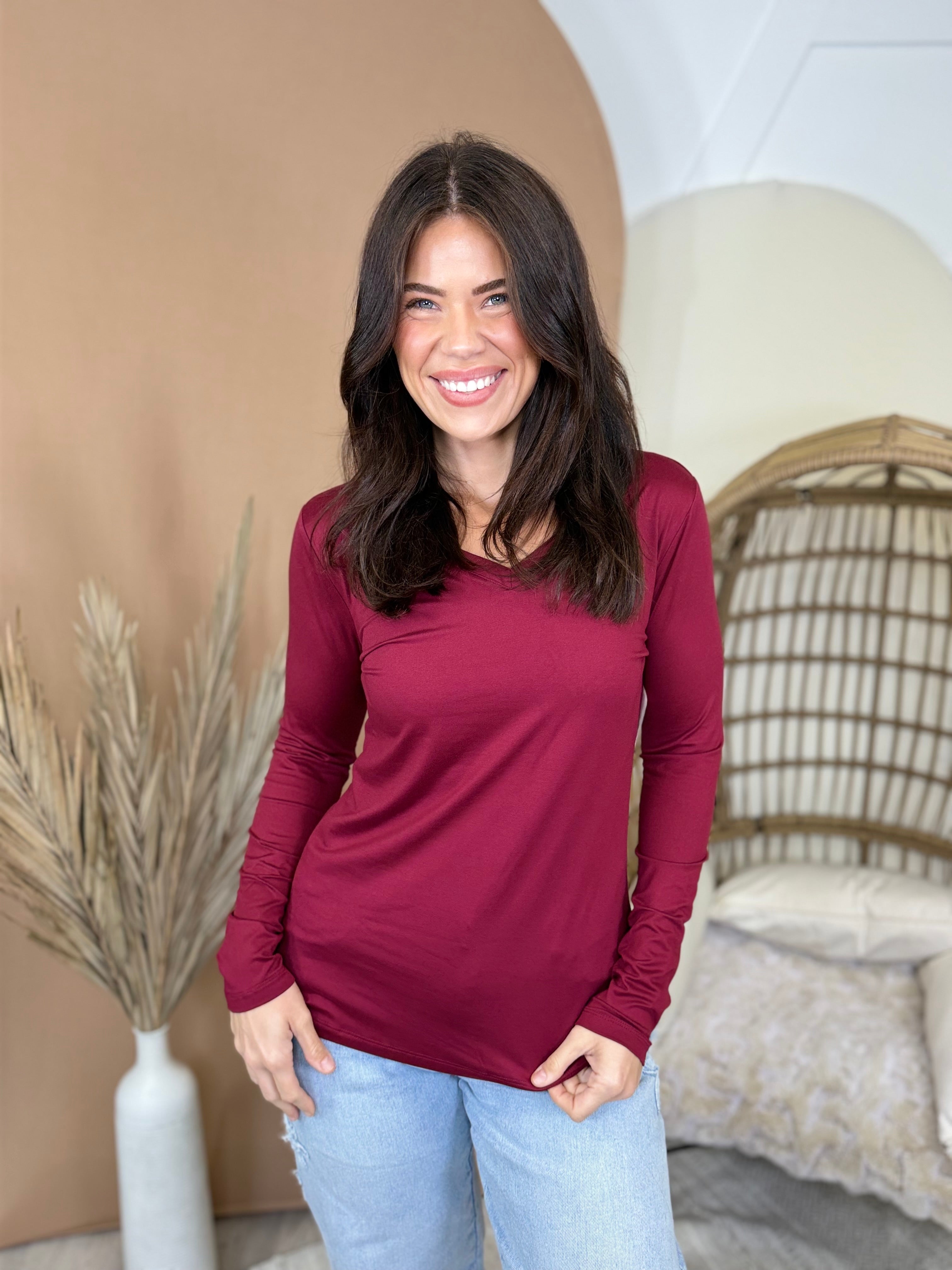 Gotta Have It V-Neck Top-120 LONG SLEEVE TOPS-ZENANA-Heathered Boho Boutique, Women's Fashion and Accessories in Palmetto, FL