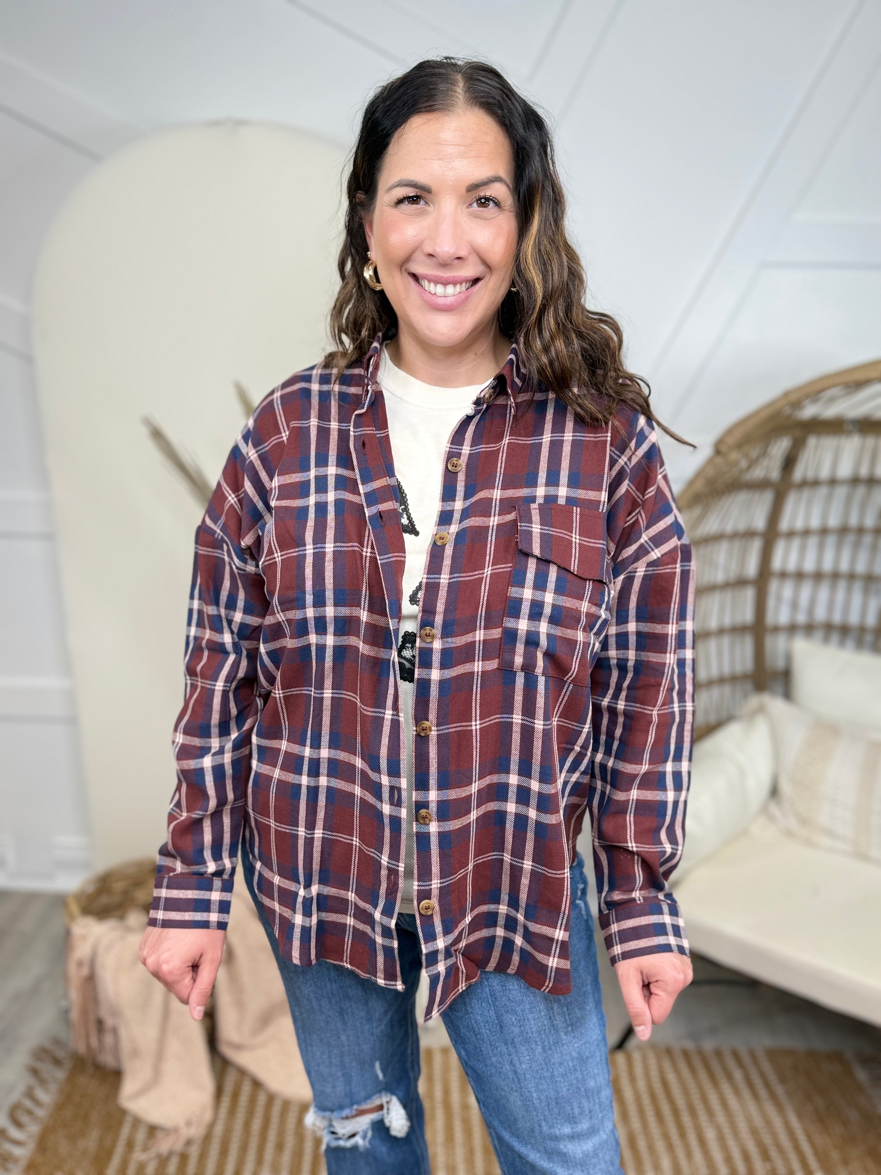 Bring It On Button Down Top-120 LONG SLEEVE TOPS-Blu Pepper-Heathered Boho Boutique, Women's Fashion and Accessories in Palmetto, FL