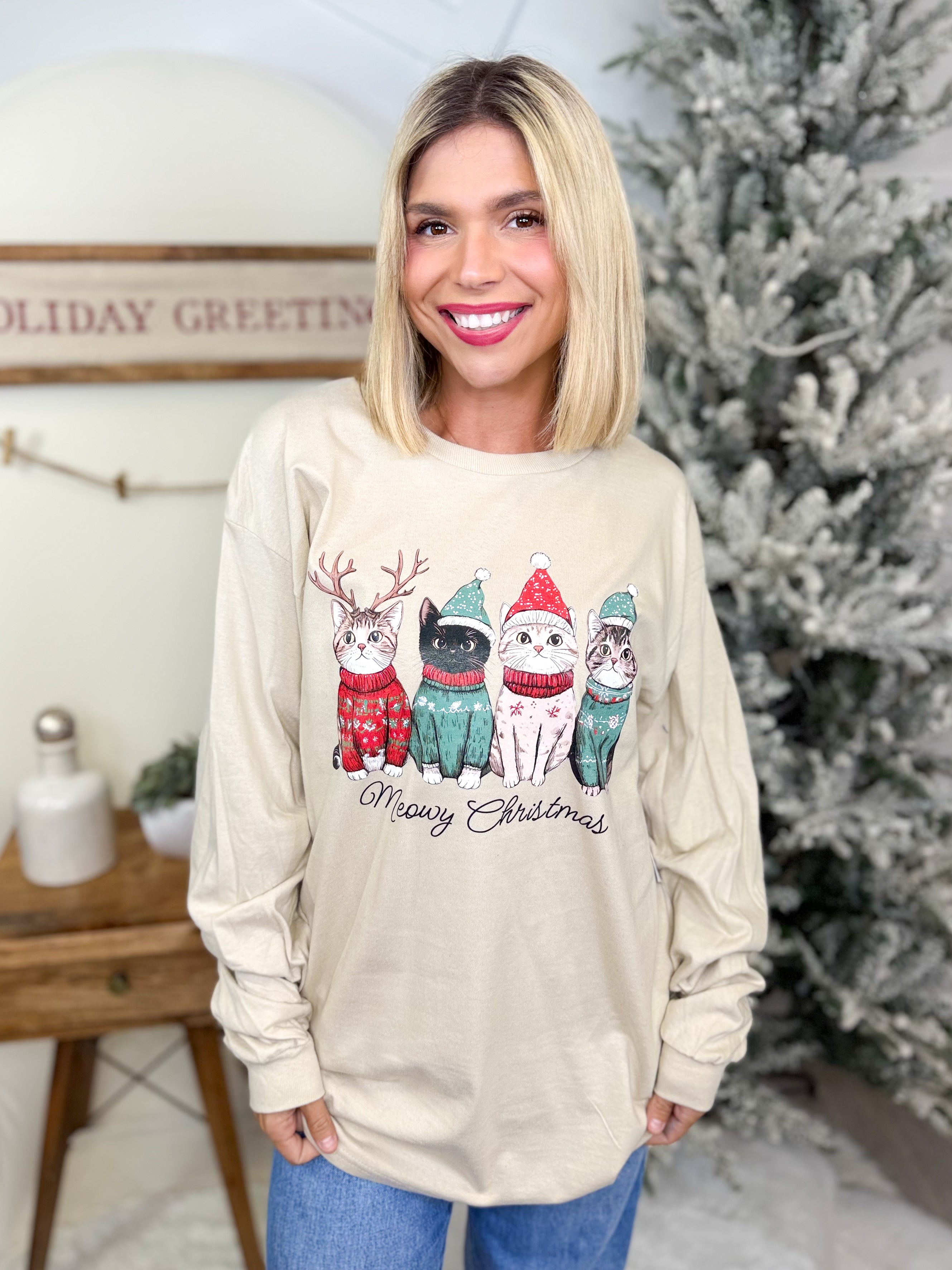 Meowy Christmas Graphic Long Sleeve-130 Graphic Tees-Heathered Boho-Heathered Boho Boutique, Women's Fashion and Accessories in Palmetto, FL