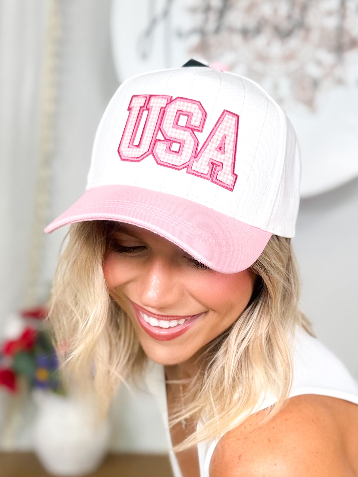USA Pinstripe Trucker Hat-330 Headwear-Fashion City-Heathered Boho Boutique, Women's Fashion and Accessories in Palmetto, FL