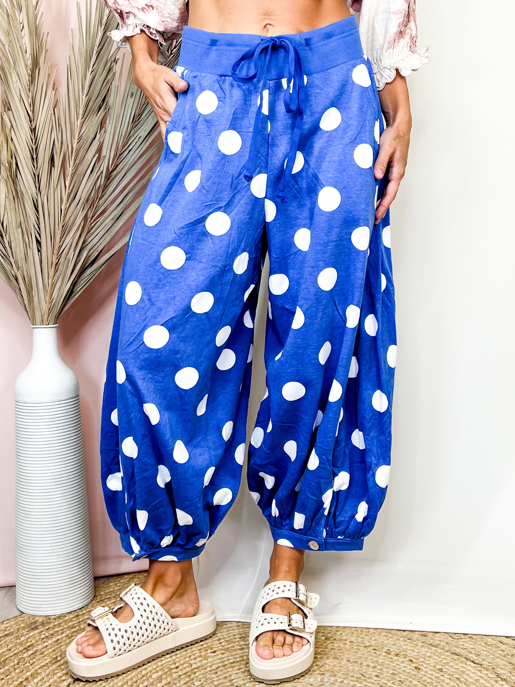 Restock: Dot It Your Way Balloon Pants-150 PANTS-ODDI-Heathered Boho Boutique, Women's Fashion and Accessories in Palmetto, FL