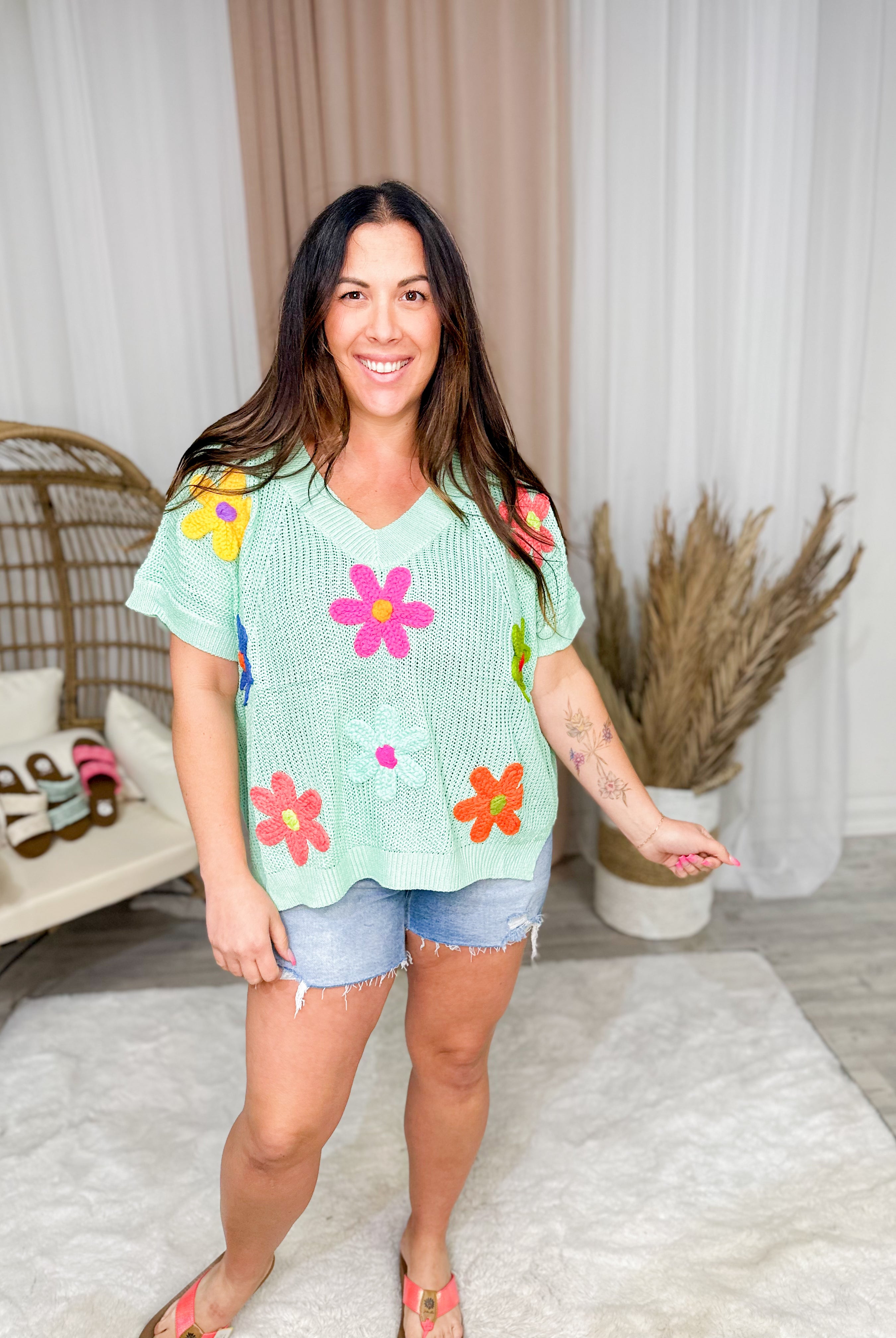 Through the Garden Sweater-110 Short Sleeve Top-Bibi-Heathered Boho Boutique, Women's Fashion and Accessories in Palmetto, FL