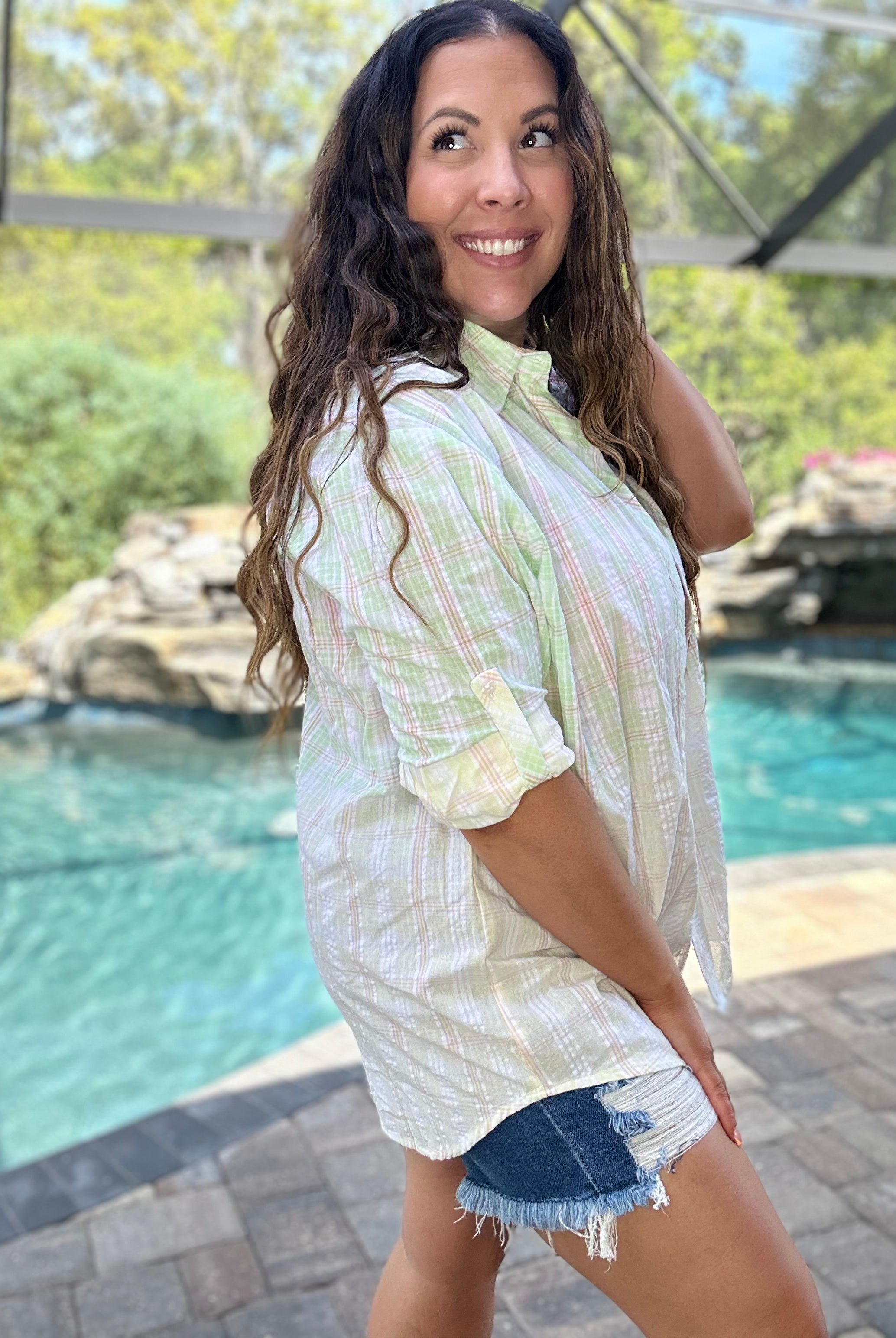 Stay Cool Button Down Top-120 Long Sleeve Tops-White Birch-Heathered Boho Boutique, Women's Fashion and Accessories in Palmetto, FL