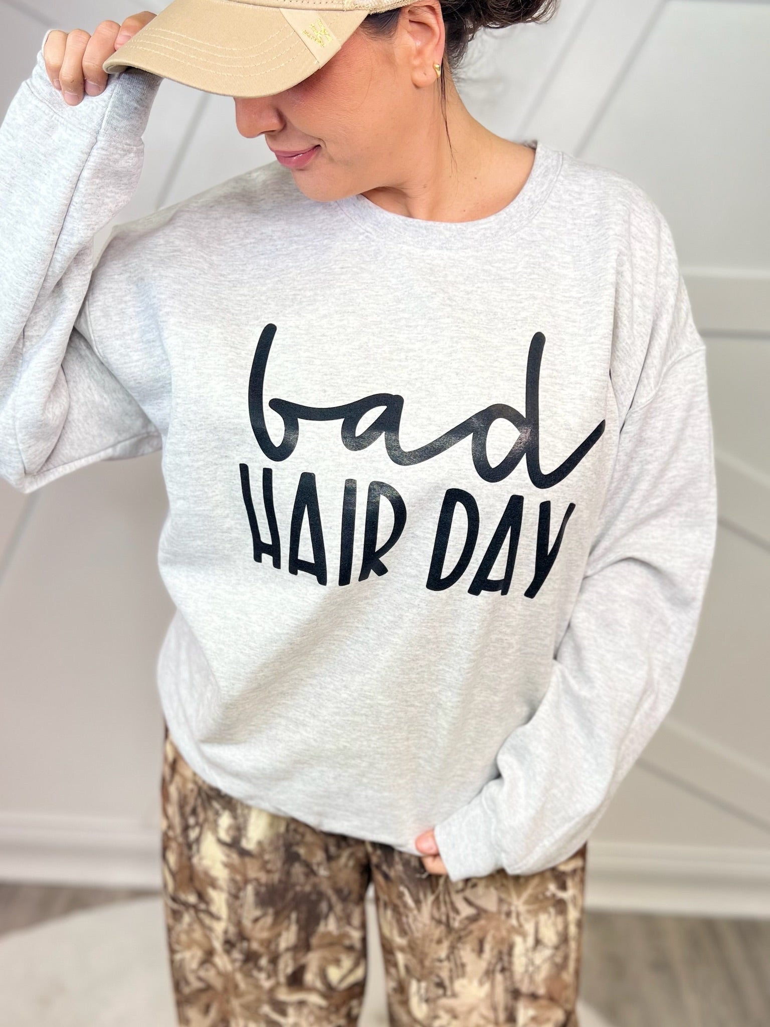 Bad Hair Day Graphic Sweatshirt-130 Graphic Tees-Heathered Boho-Heathered Boho Boutique, Women's Fashion and Accessories in Palmetto, FL
