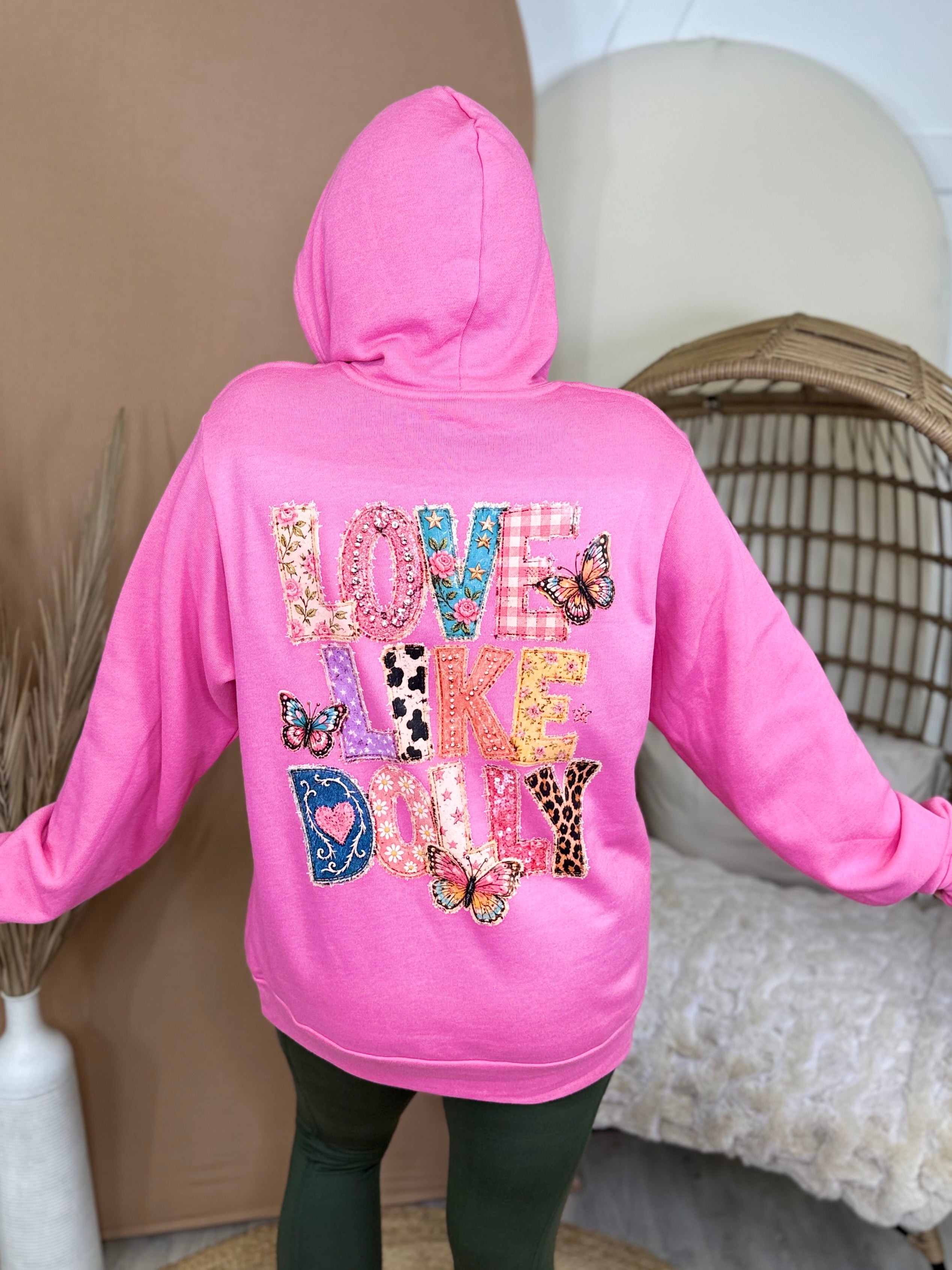 Love Like Dolly w/ Butterfly Pocket Graphic Hoodie-210 Hoodies-Heathered Boho-Heathered Boho Boutique, Women's Fashion and Accessories in Palmetto, FL