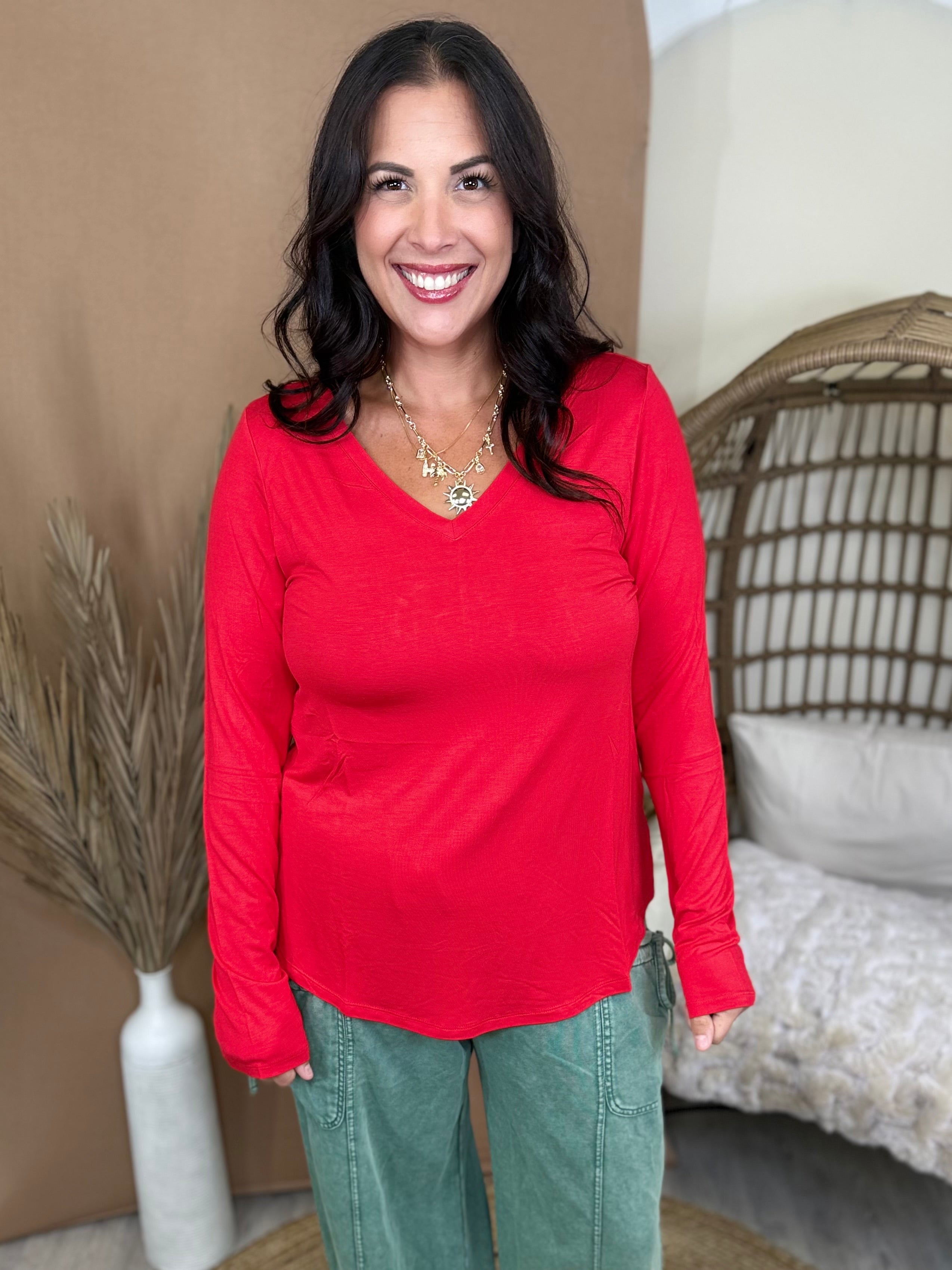 The Better Than Basic V-Neck Top-120 LONG SLEEVE TOPS-ZENANA-Heathered Boho Boutique, Women's Fashion and Accessories in Palmetto, FL