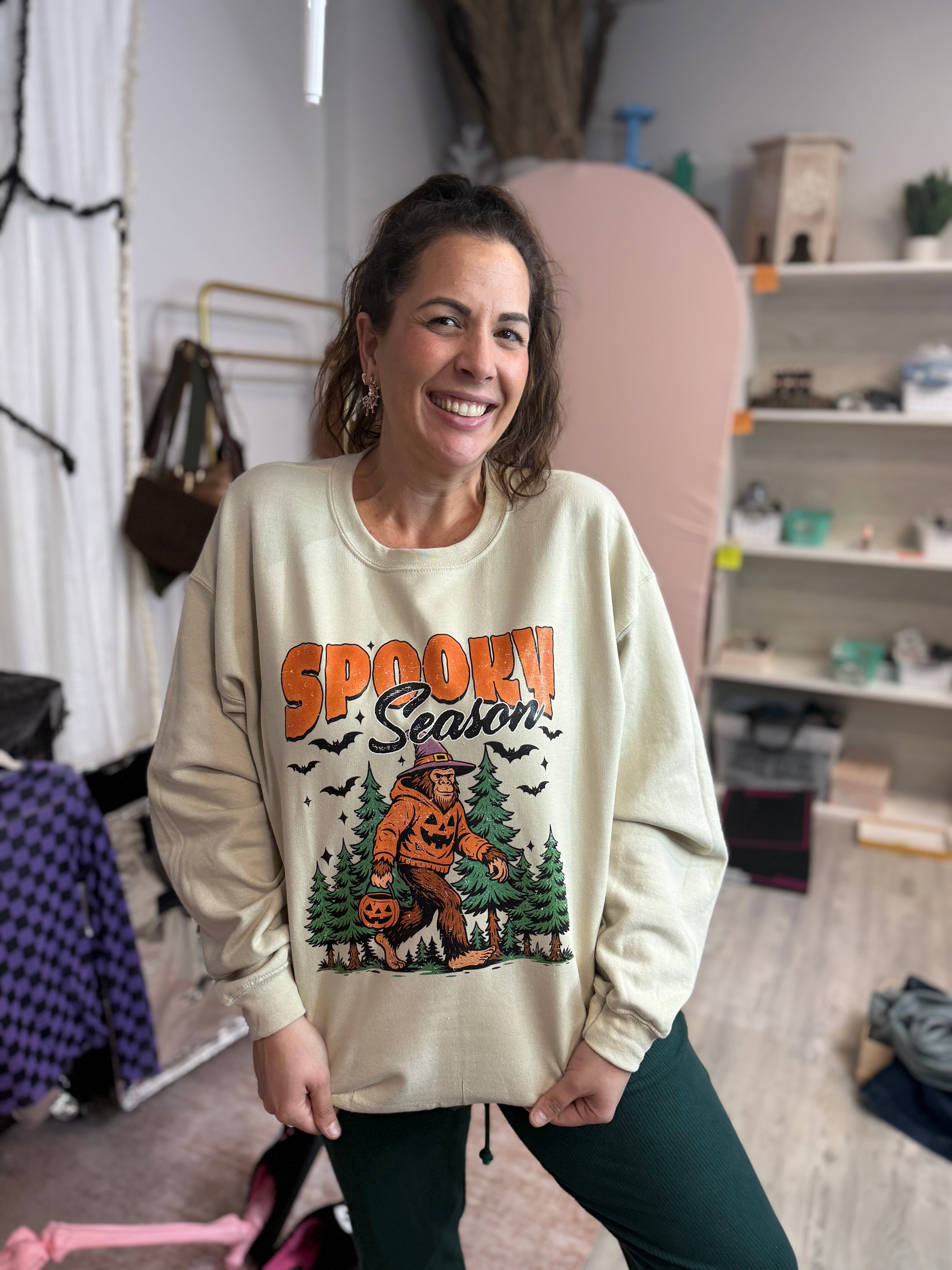 Spooky Sasquatch Graphic Sweatshirt-130 Graphic Tees-Heathered Boho-Heathered Boho Boutique, Women's Fashion and Accessories in Palmetto, FL