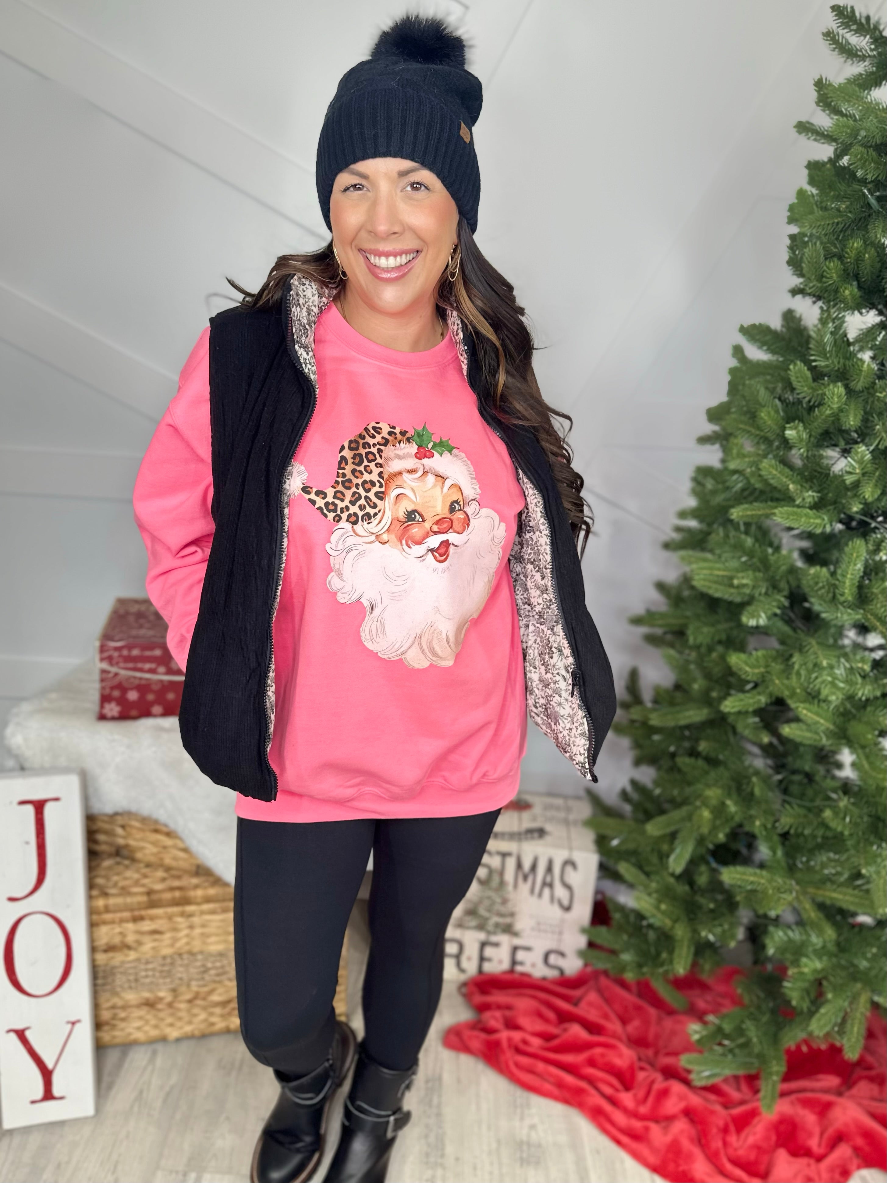 Leopard Hat Santa Graphic Sweatshirt-125 Sweater-Heathered Boho-Heathered Boho Boutique, Women's Fashion and Accessories in Palmetto, FL