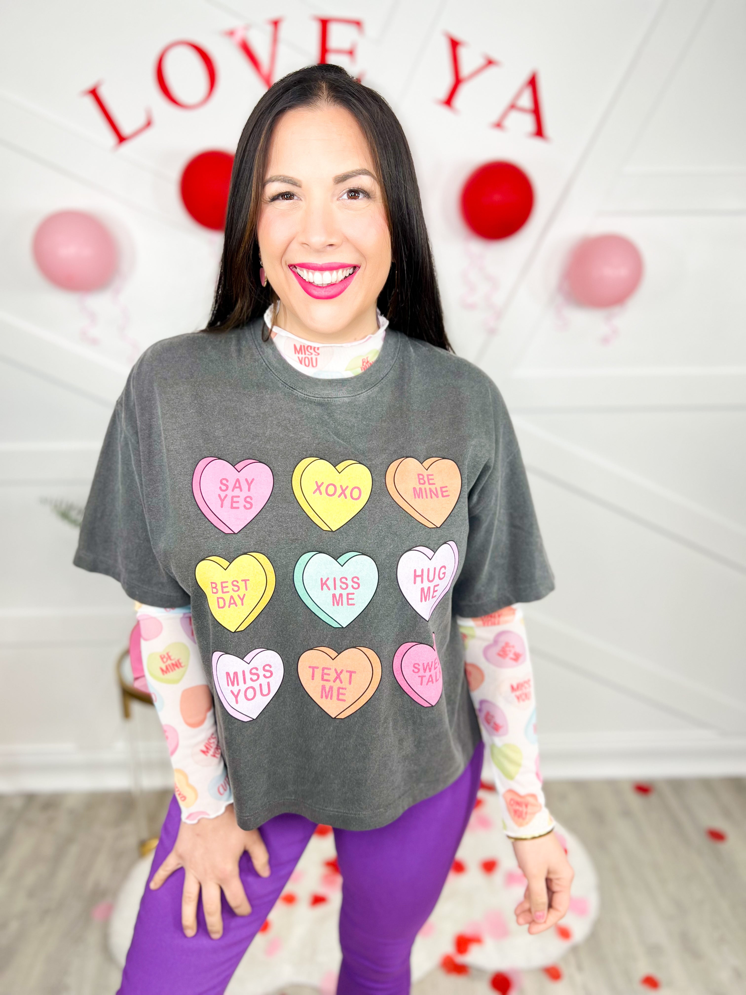 Conversation Hearts Boxy Graphic Tee-130 Graphic Tees-Heathered Boho-Heathered Boho Boutique, Women's Fashion and Accessories in Palmetto, FL