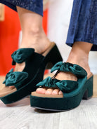 Put a Bow On It Wedges - Evergreen Velvet-350 SHOES-Corkys-Heathered Boho Boutique, Women's Fashion and Accessories in Palmetto, FL