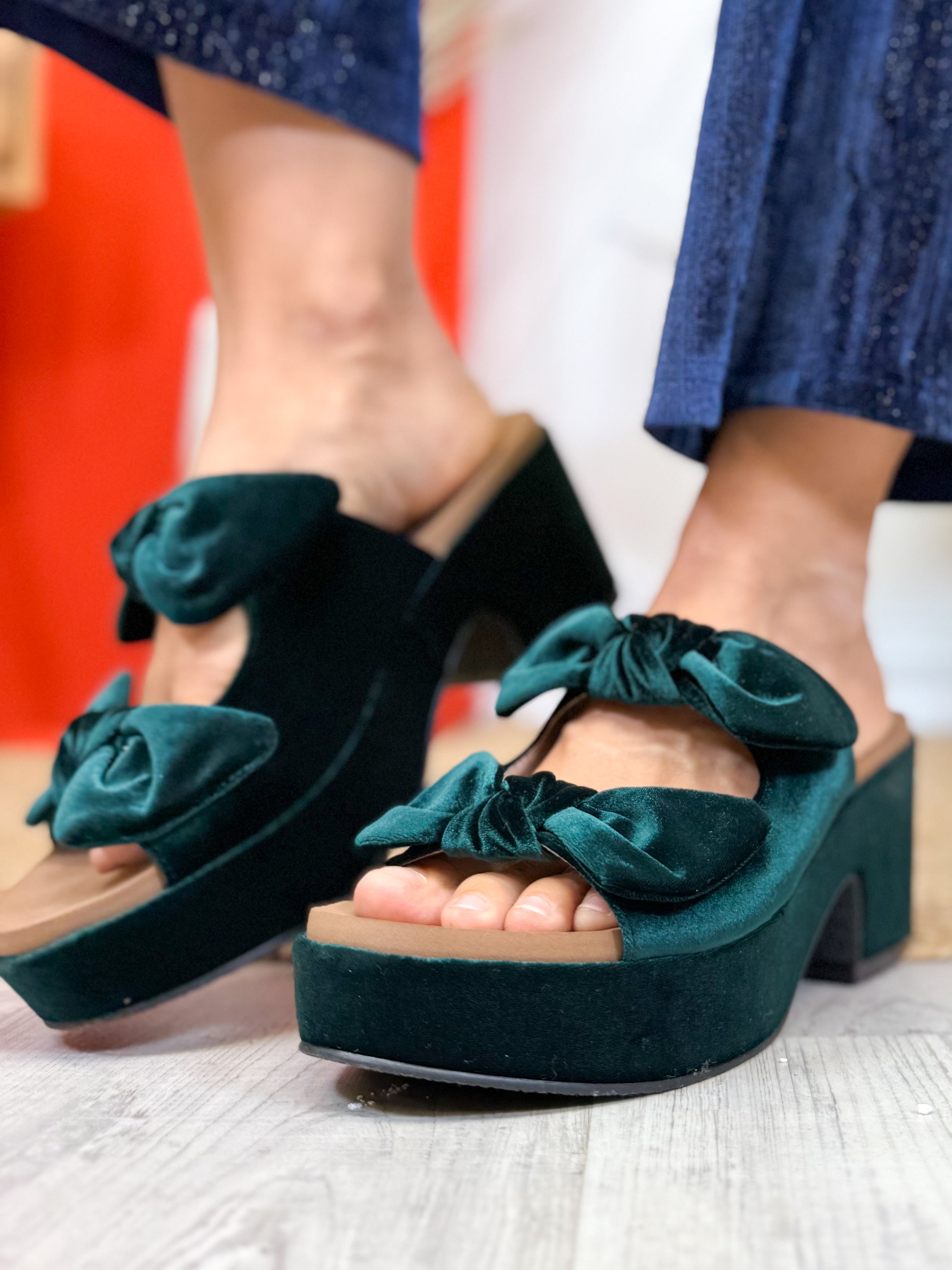 Put a Bow On It Wedges - Evergreen Velvet-350 SHOES-Corkys-Heathered Boho Boutique, Women's Fashion and Accessories in Palmetto, FL
