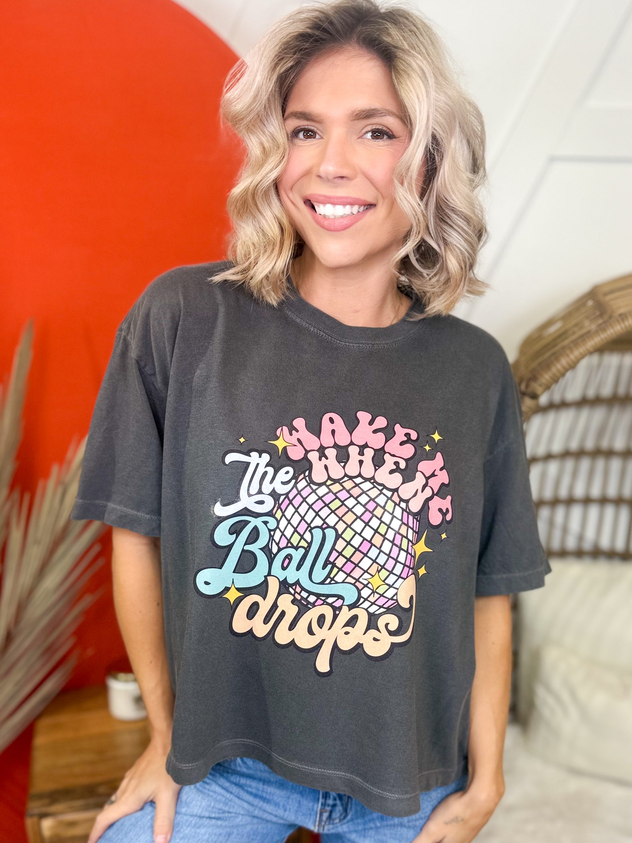 Wake Me When The Ball Drops Graphic Boxy Tee-130 Graphic Tees-Heathered Boho-Heathered Boho Boutique, Women's Fashion and Accessories in Palmetto, FL