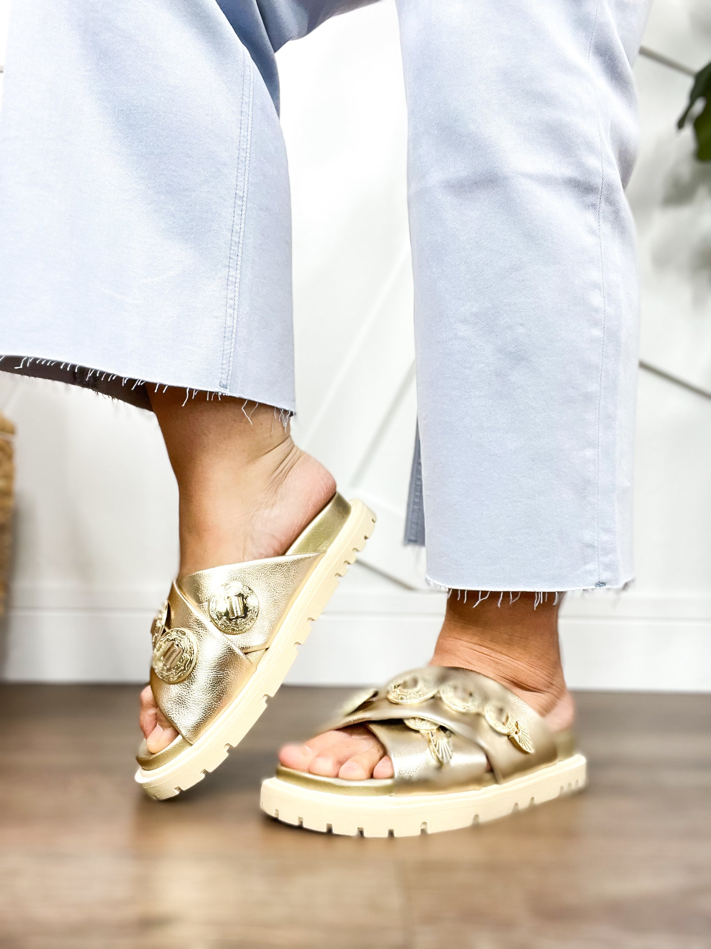 Soft Gold Gorgene Sandals-350 Shoes-Mia Shoes-Heathered Boho Boutique, Women's Fashion and Accessories in Palmetto, FL