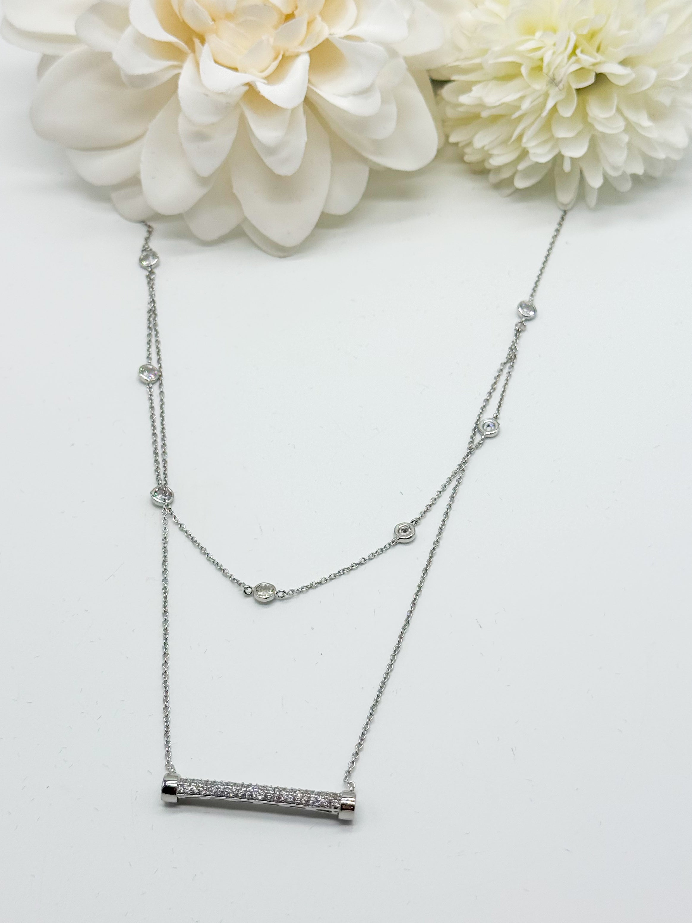 Double Layered CZ Stone Bar Necklace-310 Jewelry-Joseph Anthony NY, Inc-Heathered Boho Boutique, Women's Fashion and Accessories in Palmetto, FL
