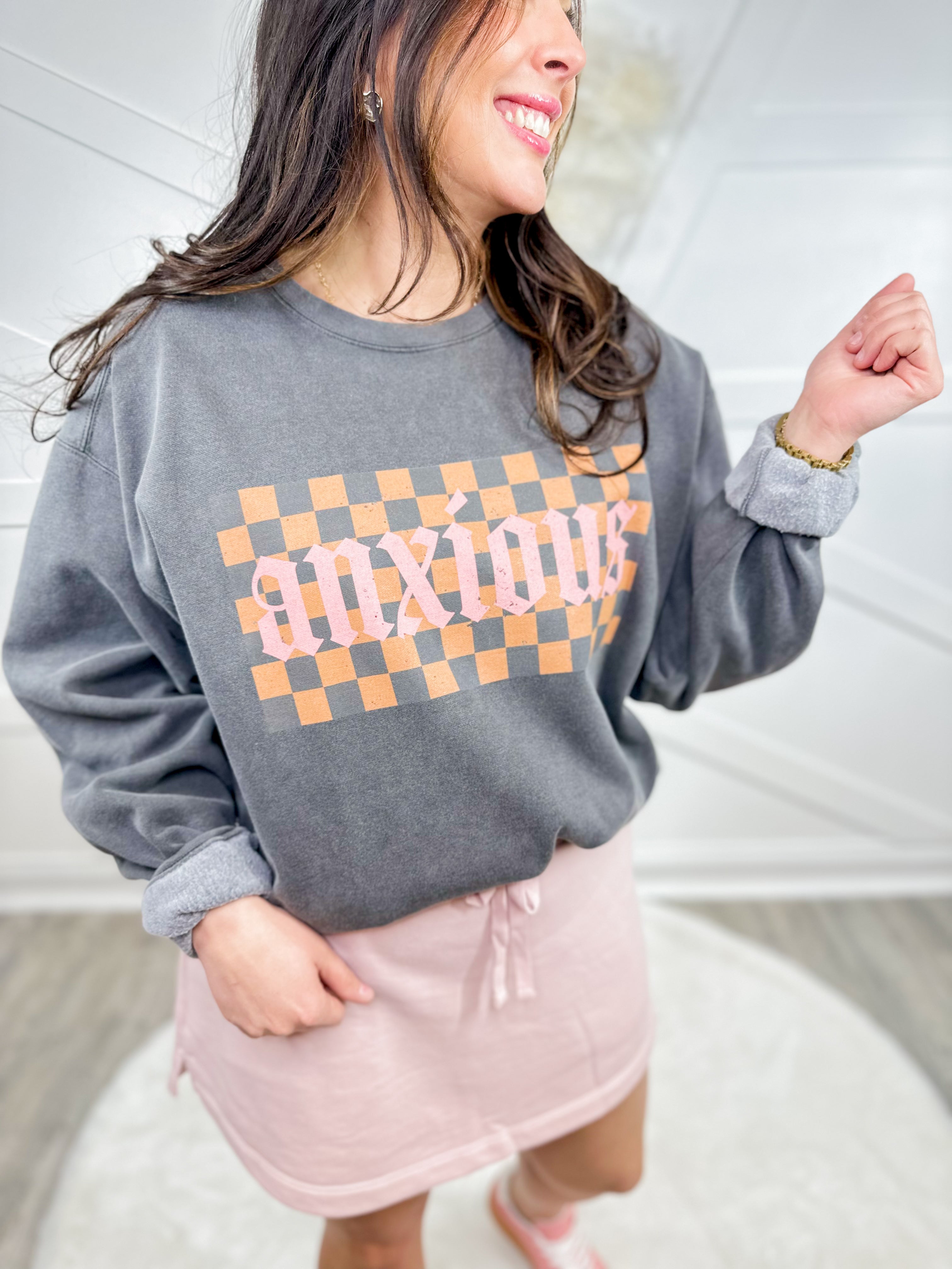 Checkered Anxious Graphic Sweatshirt-130 Graphic Tees-Heathered Boho-Heathered Boho Boutique, Women's Fashion and Accessories in Palmetto, FL