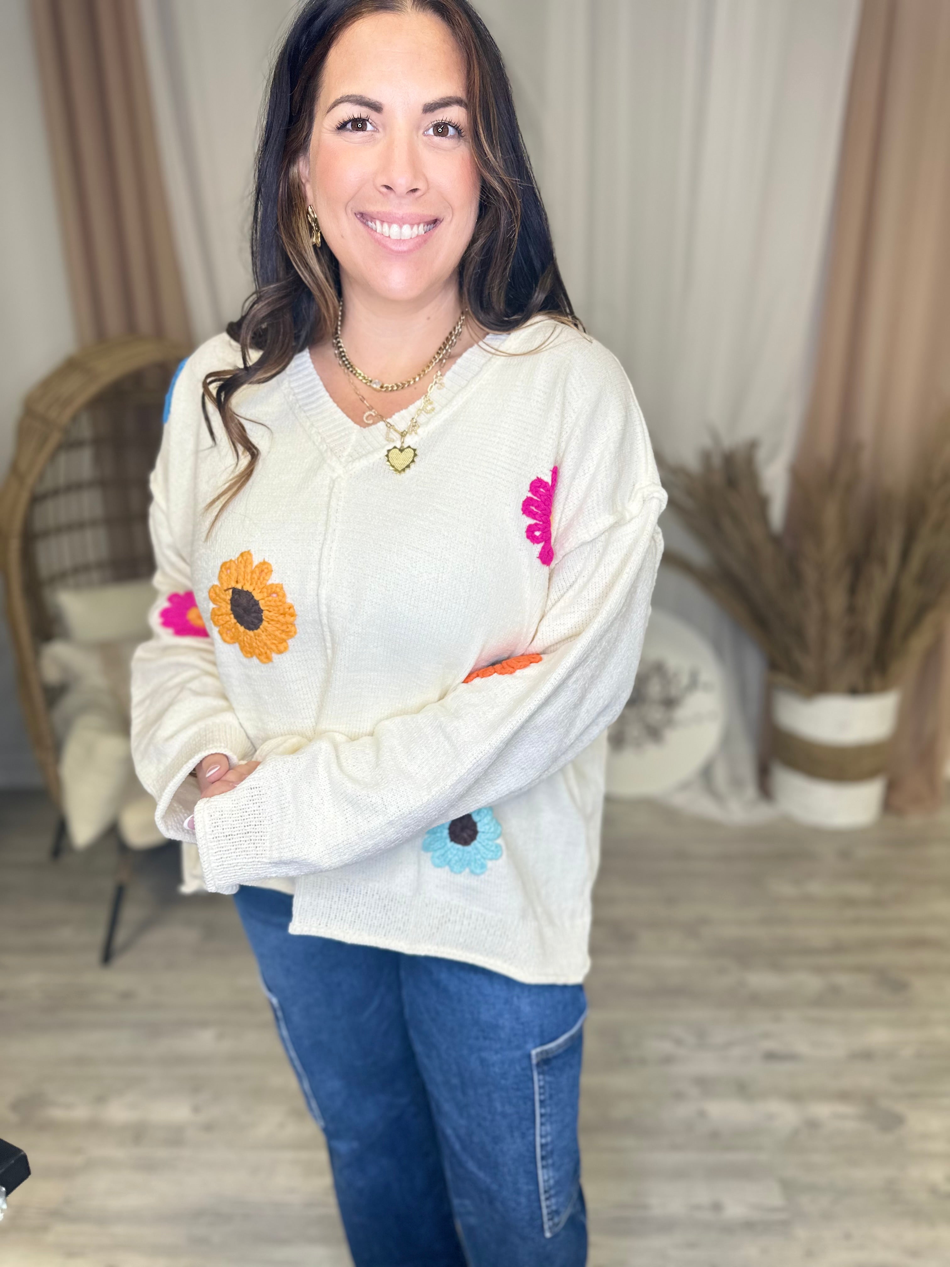 Flower Meadow Sweater-125 Sweater-Pol-Heathered Boho Boutique, Women's Fashion and Accessories in Palmetto, FL