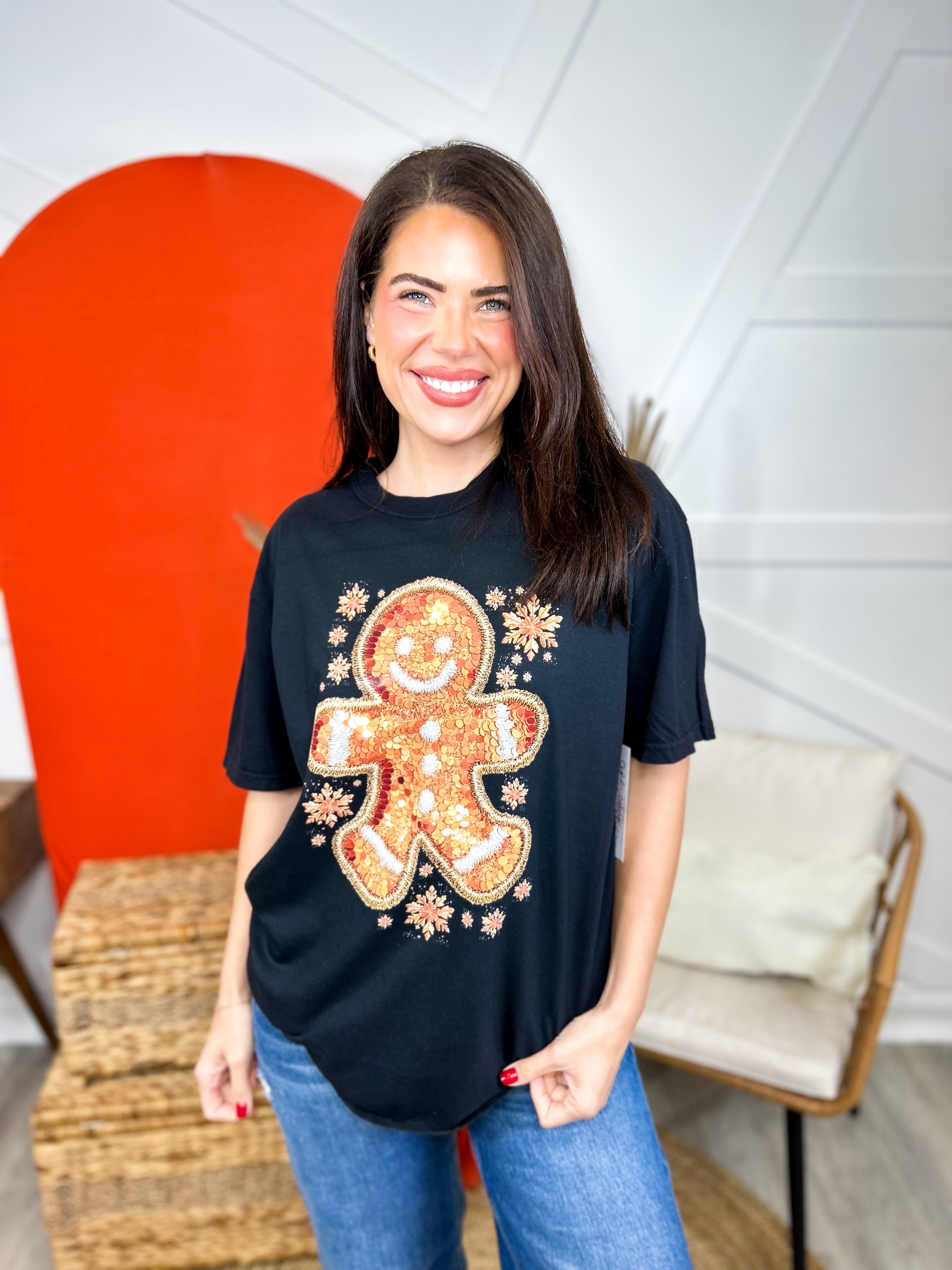 Sequin Gingerbread Man Graphic Tee-130 Graphic Tees-Heathered Boho-Heathered Boho Boutique, Women's Fashion and Accessories in Palmetto, FL