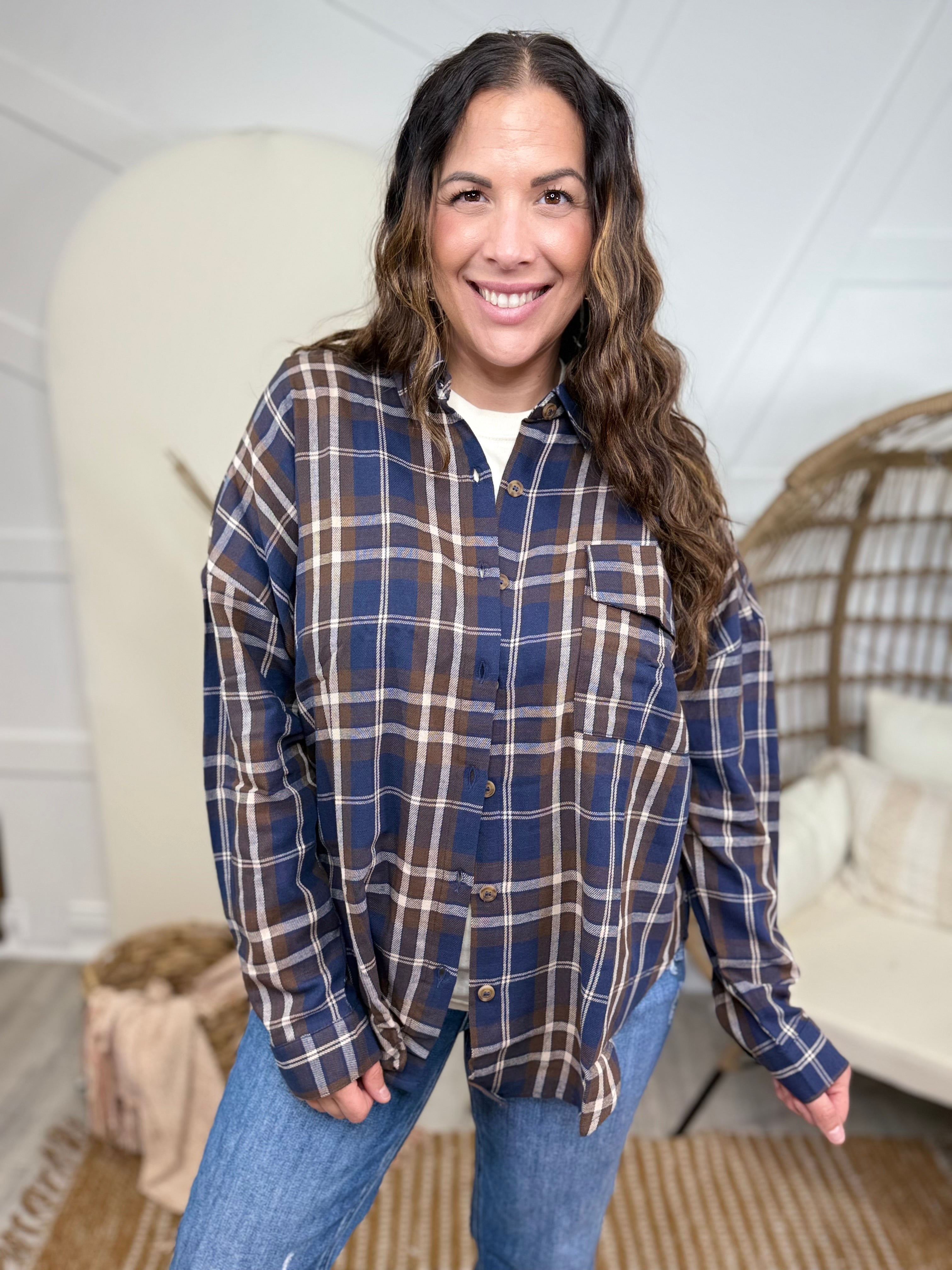 Bring It On Button Down Top-120 LONG SLEEVE TOPS-Blu Pepper-Heathered Boho Boutique, Women's Fashion and Accessories in Palmetto, FL