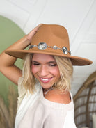 Concho Chain Strap Flat Brim Fedora Fashion Hat-330 Headwear-Fame Accessories-Heathered Boho Boutique, Women's Fashion and Accessories in Palmetto, FL