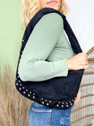 Metallic Studded Faux Suede Hand Bag-320 Bags-Fame Accessories-Heathered Boho Boutique, Women's Fashion and Accessories in Palmetto, FL