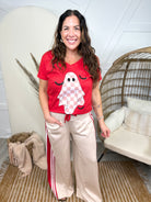 Bats and Checkered Ghost Graphic V-Neck Tee-130 Graphic Tees-Heathered Boho-Heathered Boho Boutique, Women's Fashion and Accessories in Palmetto, FL