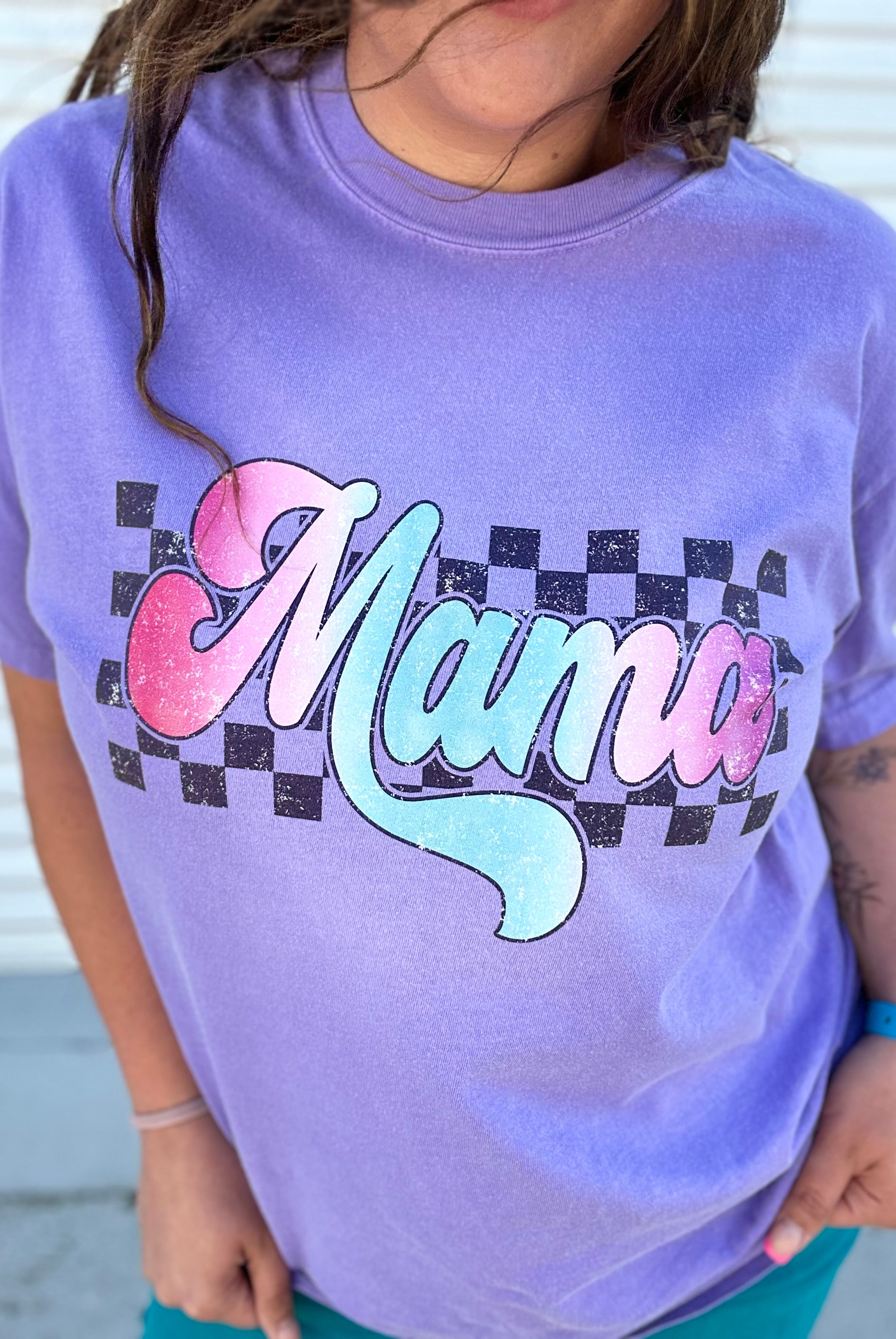 Checkered Ombre Mama Graphic Tee-110 Short Sleeve Top-Heathered Boho-Heathered Boho Boutique, Women's Fashion and Accessories in Palmetto, FL