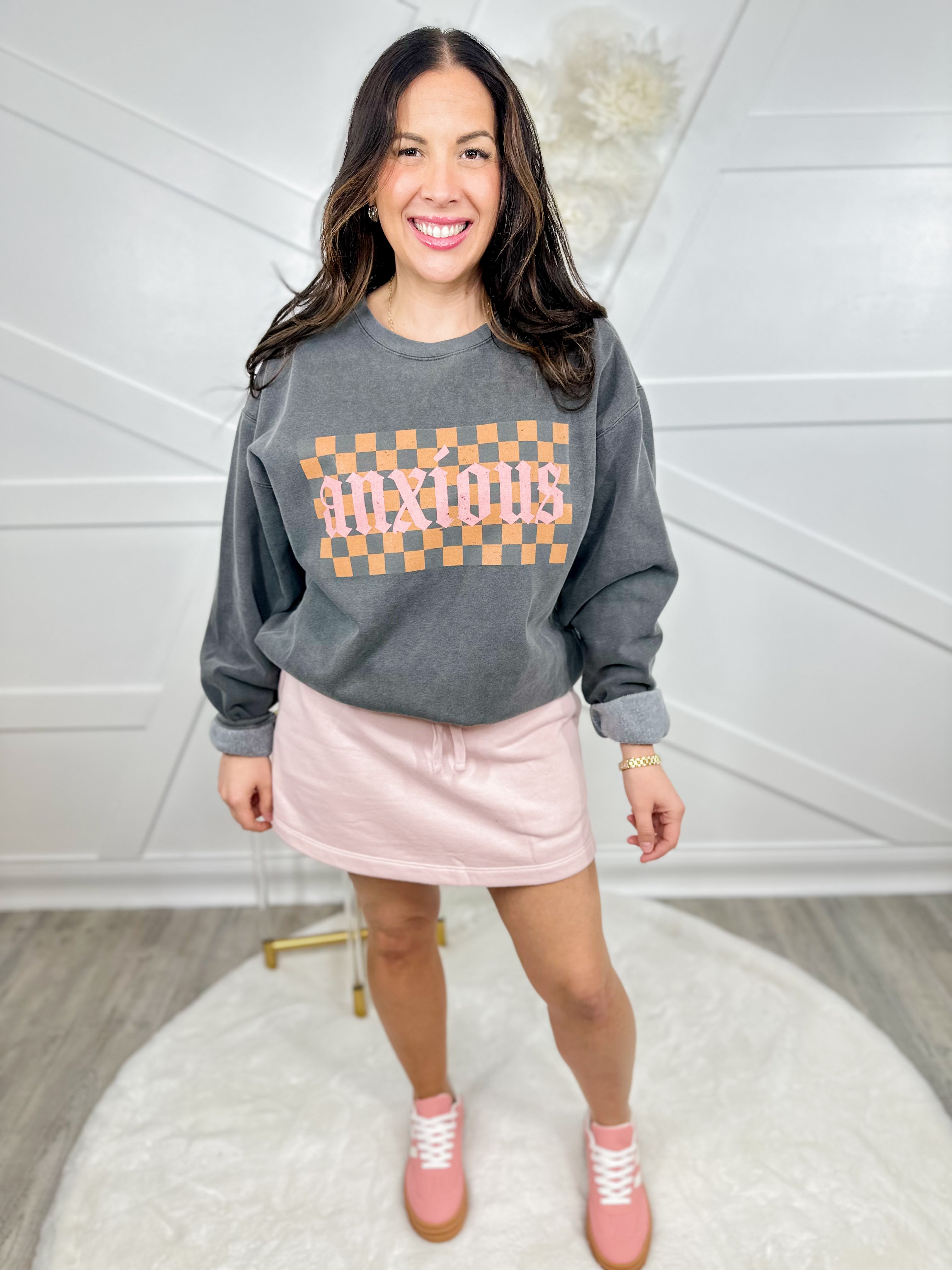 Checkered Anxious Graphic Sweatshirt-130 Graphic Tees-Heathered Boho-Heathered Boho Boutique, Women's Fashion and Accessories in Palmetto, FL