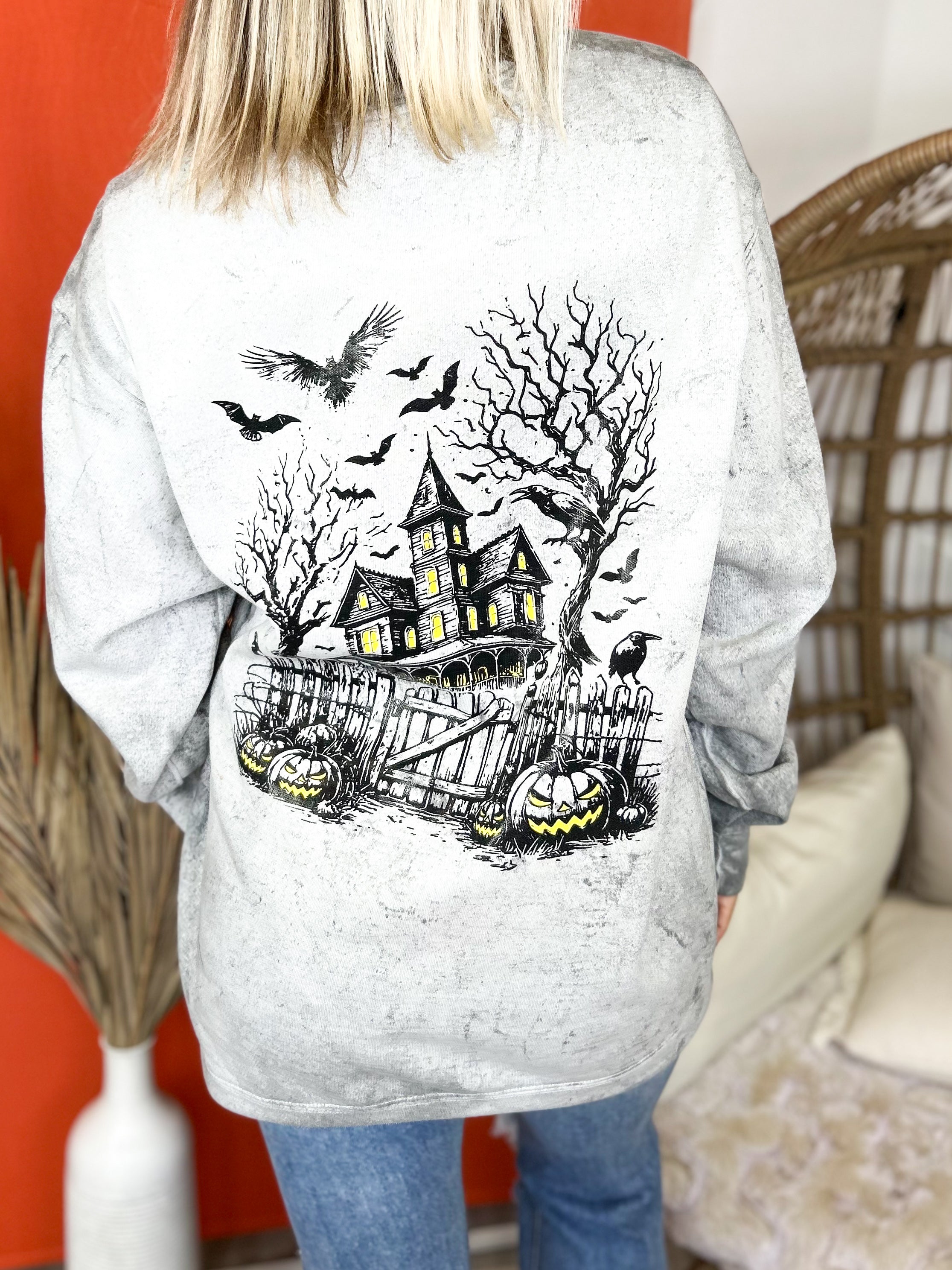 Uncle John's Haunted House Sweatshirt-130 Graphic Tees-Heathered Boho-Heathered Boho Boutique, Women's Fashion and Accessories in Palmetto, FL