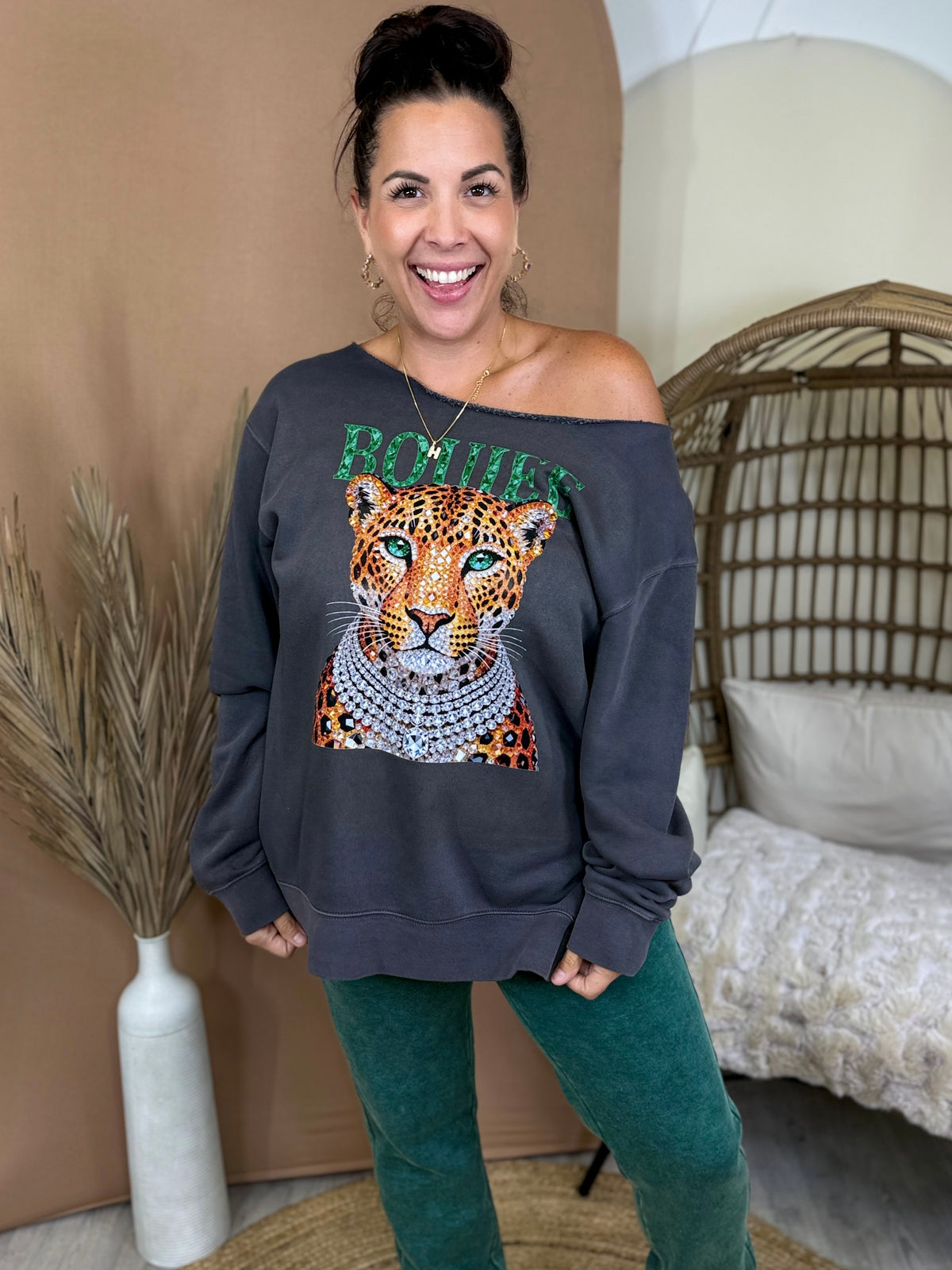Boujee Diamond Cheetah Graphic Sweatshirt- Custom Cut-130 Graphic Tees-Heathered Boho-Heathered Boho Boutique, Women's Fashion and Accessories in Palmetto, FL