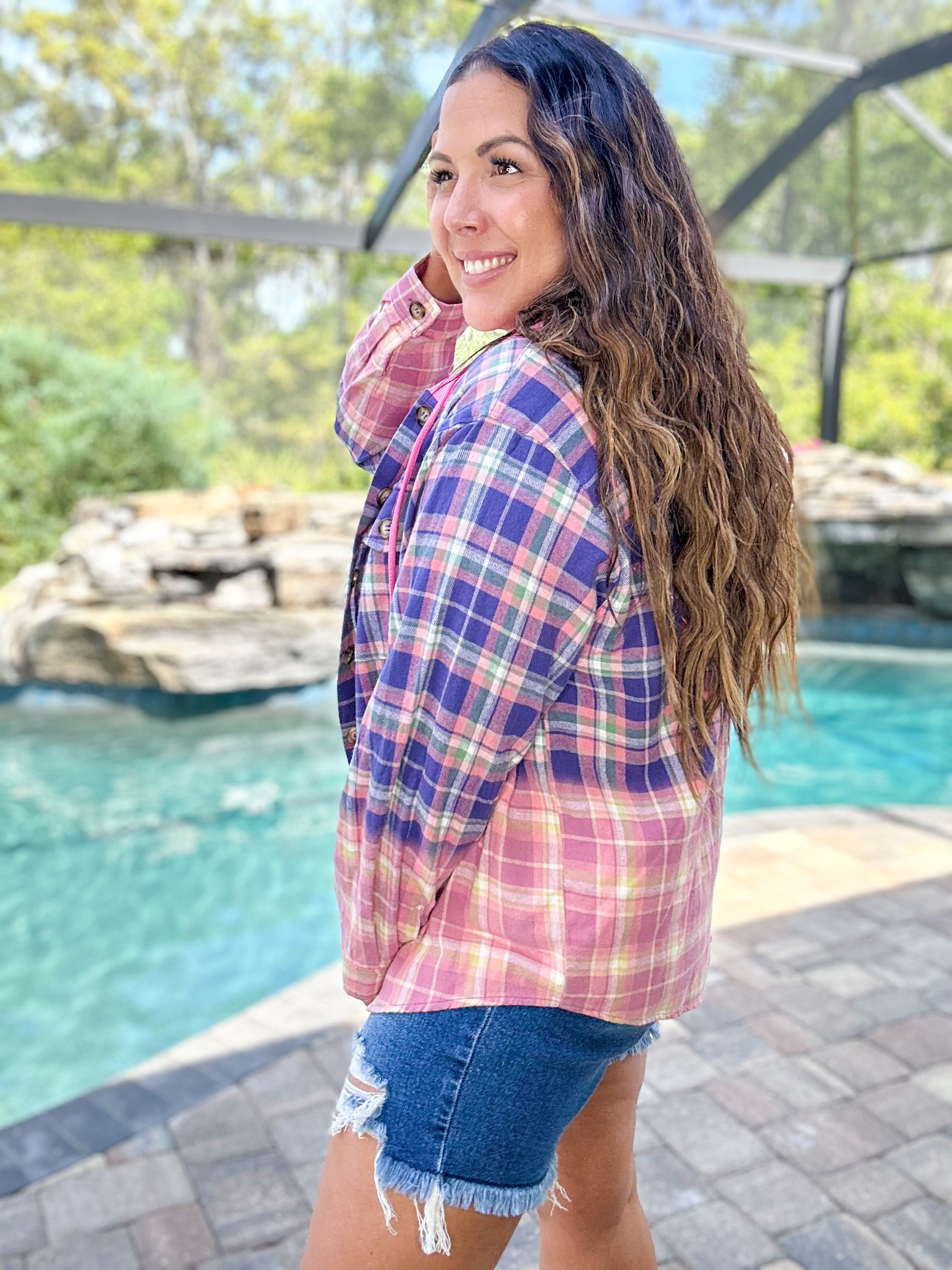 RESTOCK : Bet On It Dipped Dye Hooded Flannel-210 Hoodies-White Birch-Heathered Boho Boutique, Women's Fashion and Accessories in Palmetto, FL