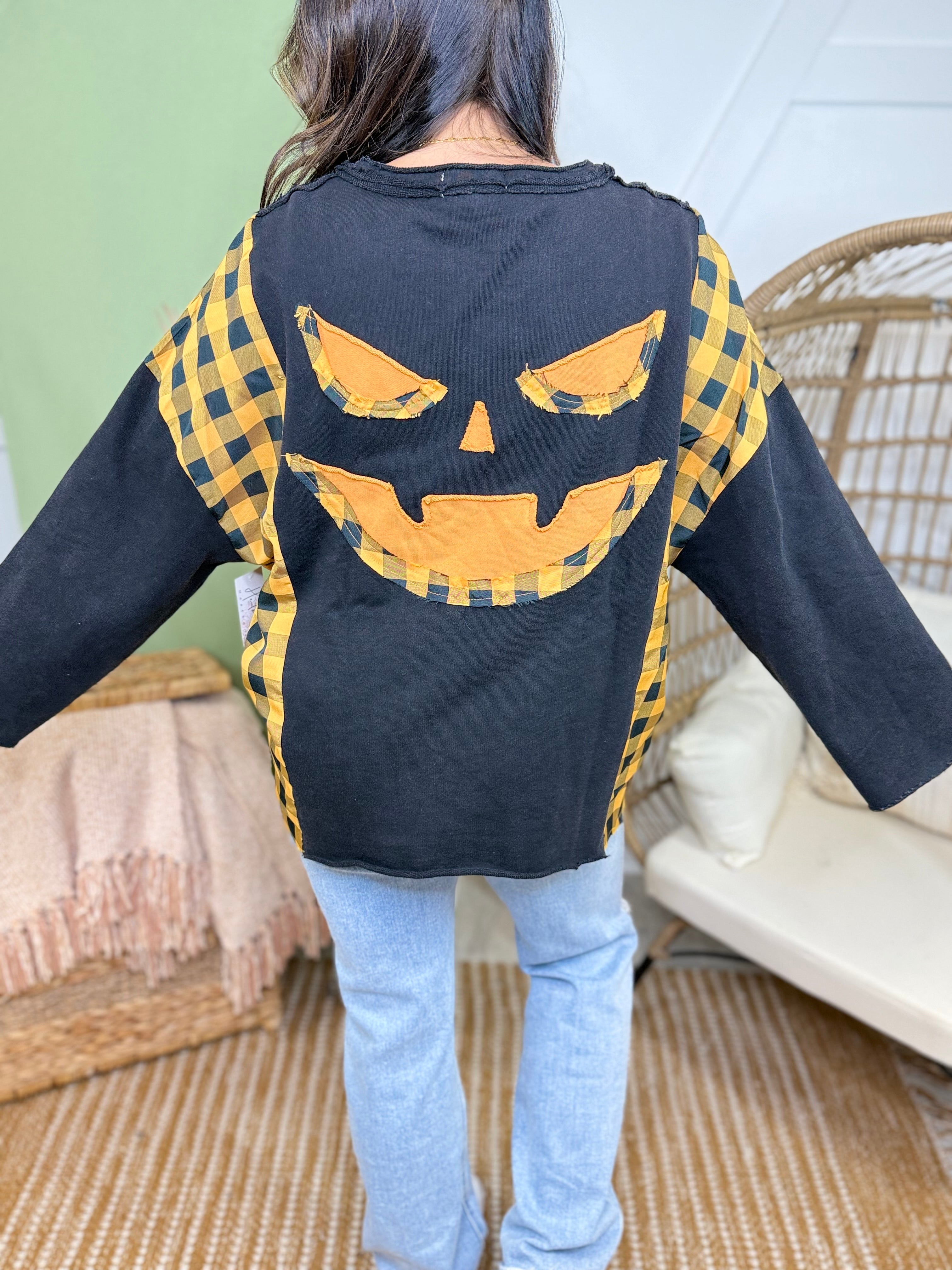 Halloween Spooky Face Top-120 Long Sleeve Tops-Mellow.-Heathered Boho Boutique, Women's Fashion and Accessories in Palmetto, FL