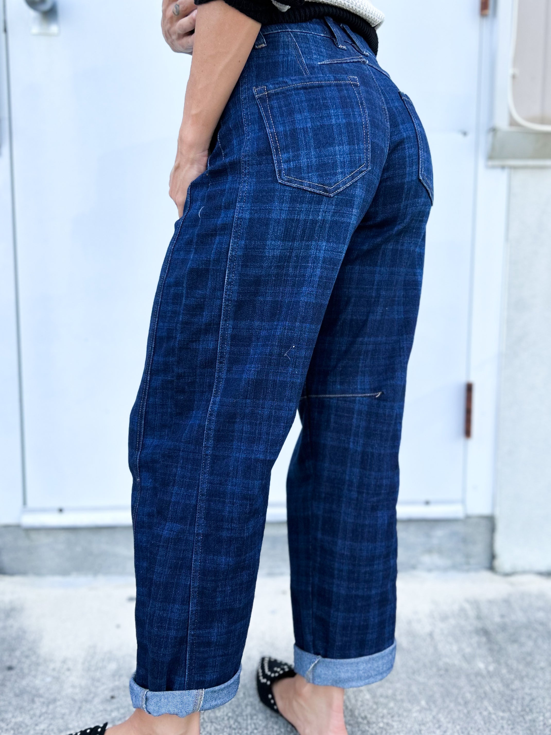 Midnight Plaid Cropped Barrel Jeans By Risen-190 JEANS-RISEN-Heathered Boho Boutique, Women's Fashion and Accessories in Palmetto, FL
