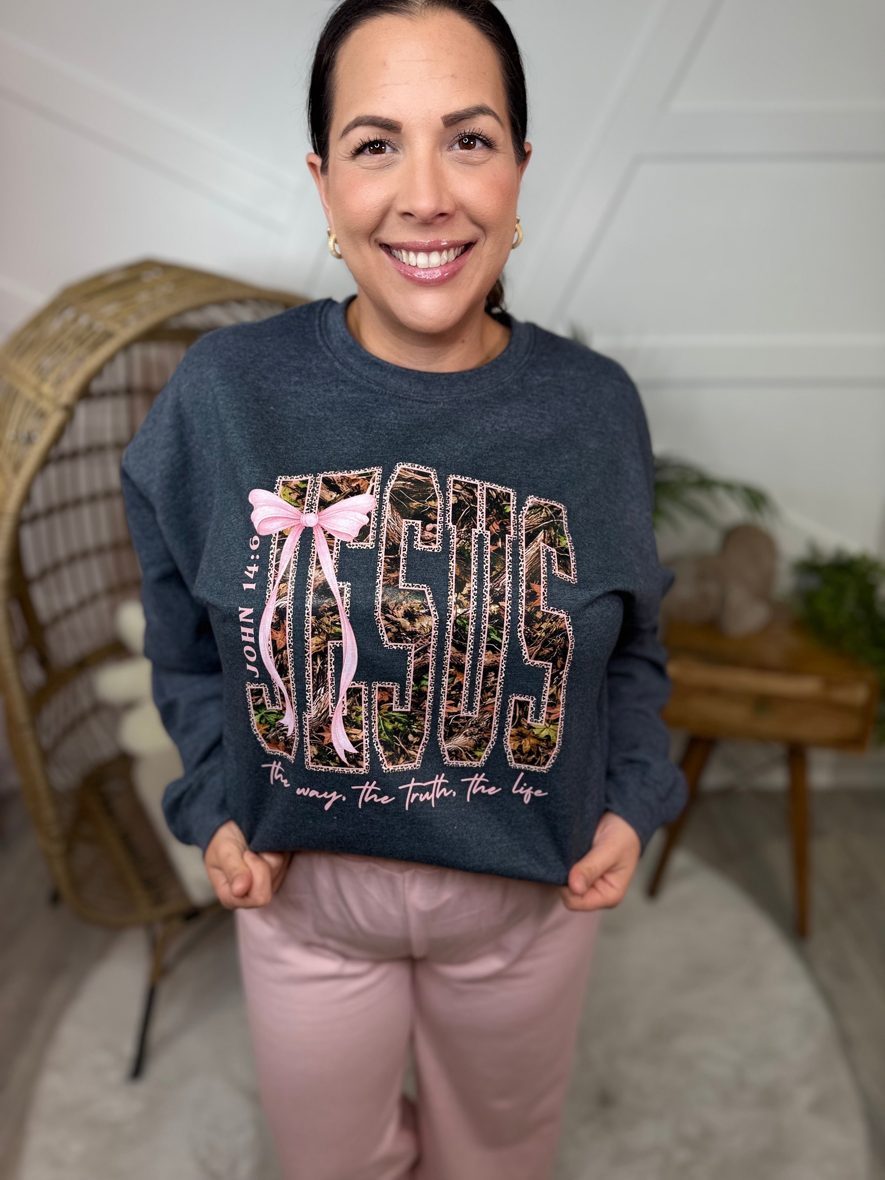 Camo Jesus Graphic Sweatshirt-130 Graphic Tees-Heathered Boho-Heathered Boho Boutique, Women's Fashion and Accessories in Palmetto, FL
