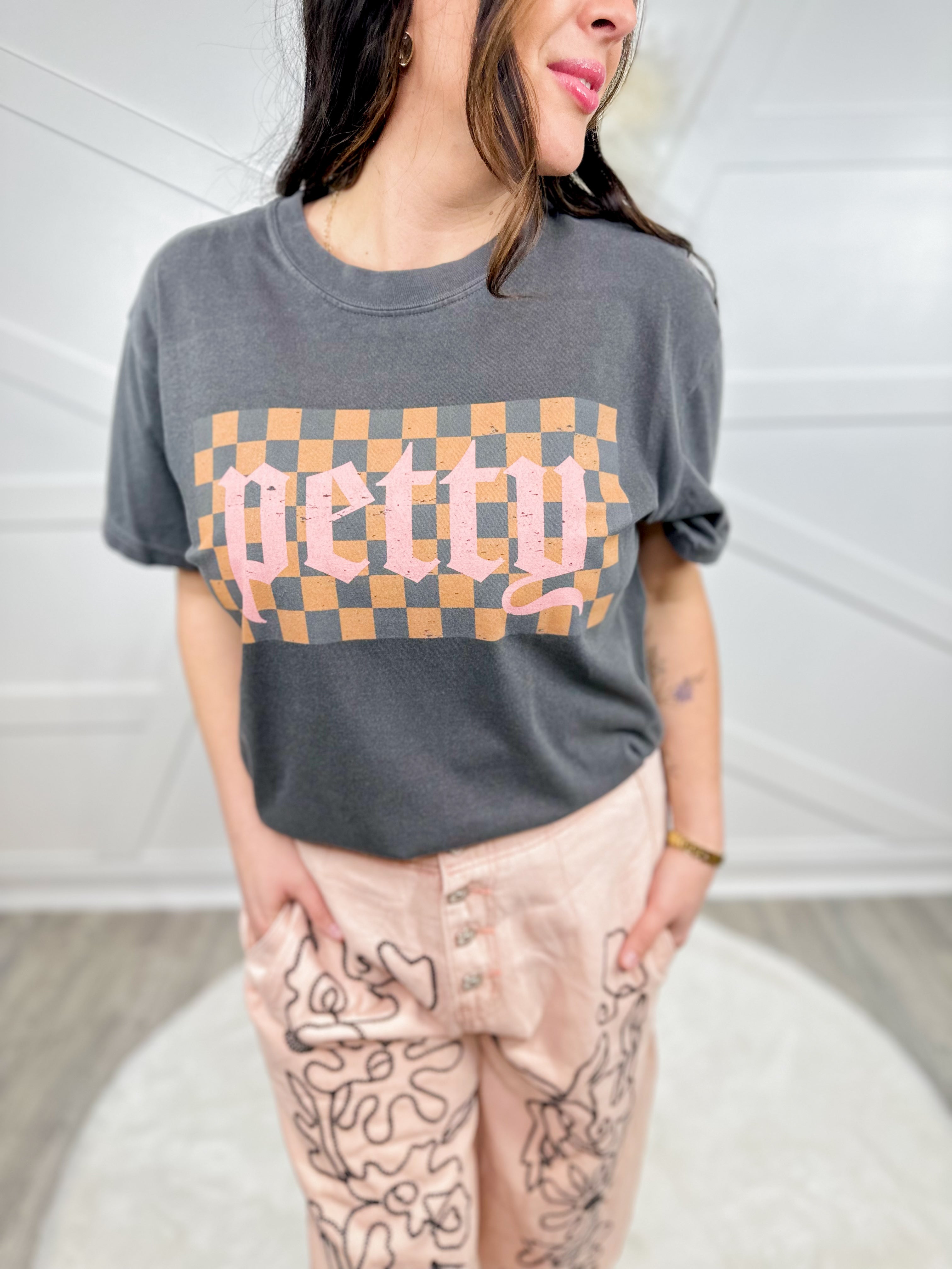 Checkered Petty Graphic Tee-130 Graphic Tees-Heathered Boho-Heathered Boho Boutique, Women's Fashion and Accessories in Palmetto, FL