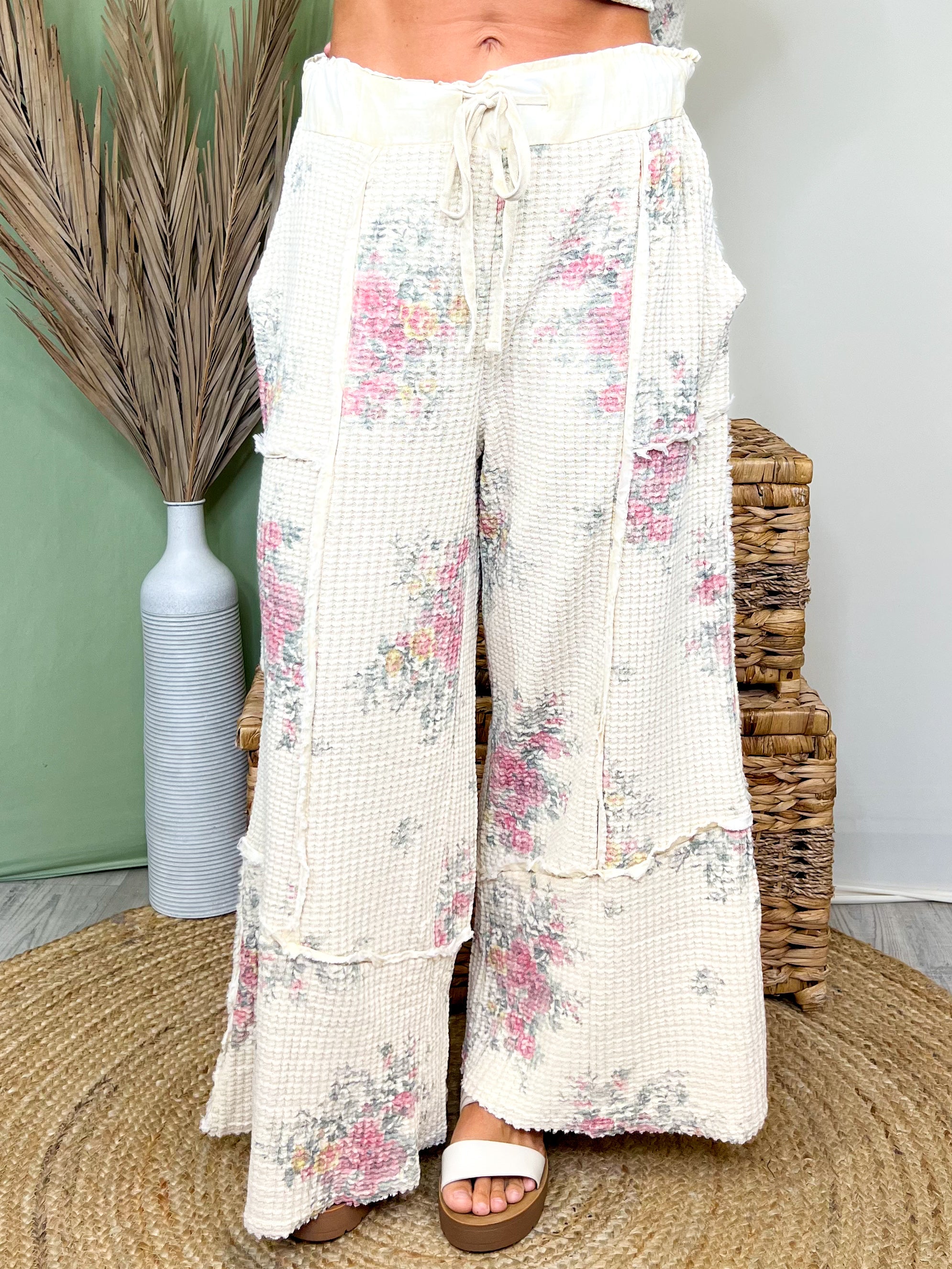 Wildflower Waffle Wide Leg Pants-150 PANTS-EASEL-Heathered Boho Boutique, Women's Fashion and Accessories in Palmetto, FL