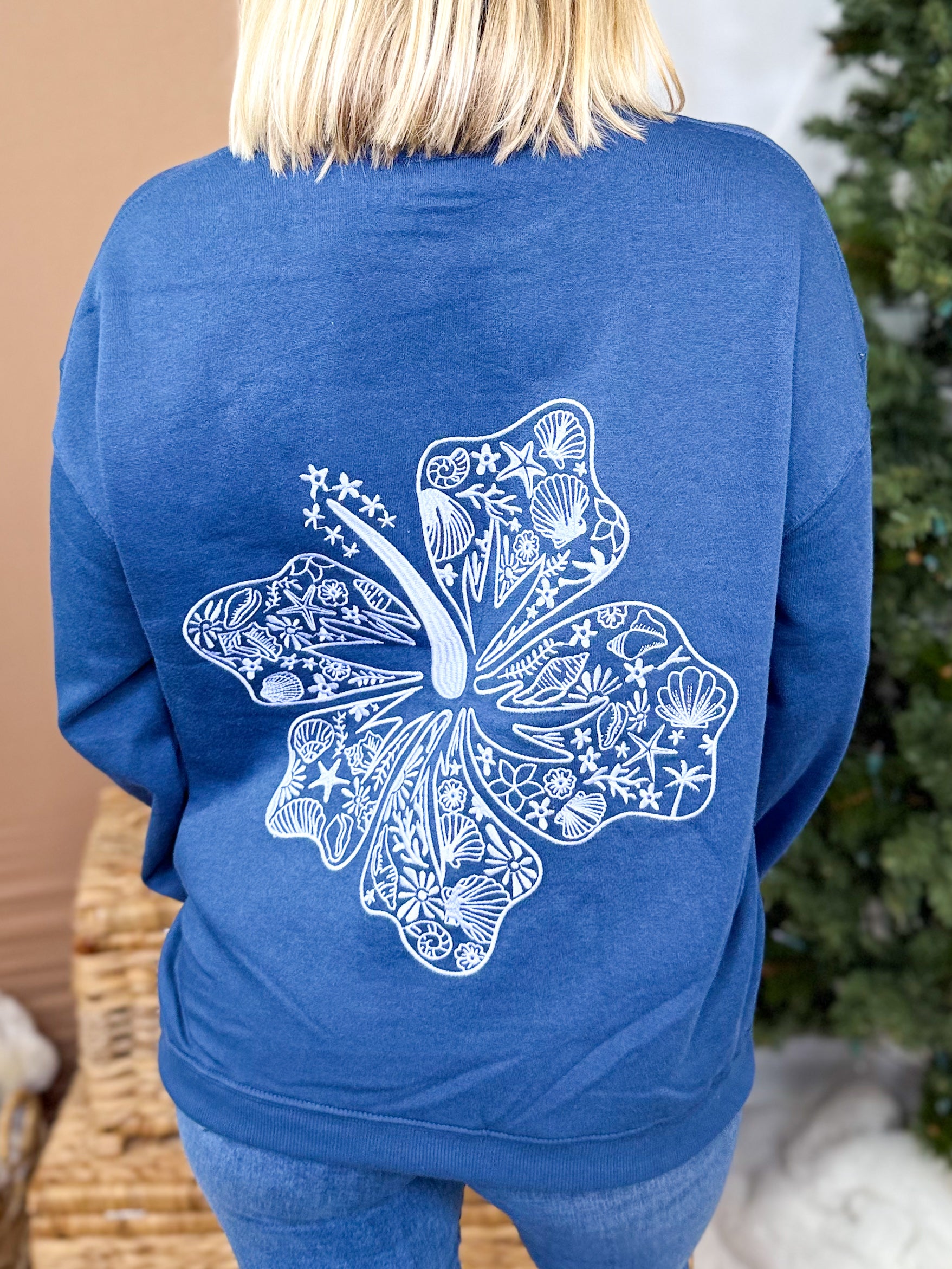 Hibiscus Embroidered Sweatshirt-120 Long Sleeve Tops-Reflex-Heathered Boho Boutique, Women's Fashion and Accessories in Palmetto, FL