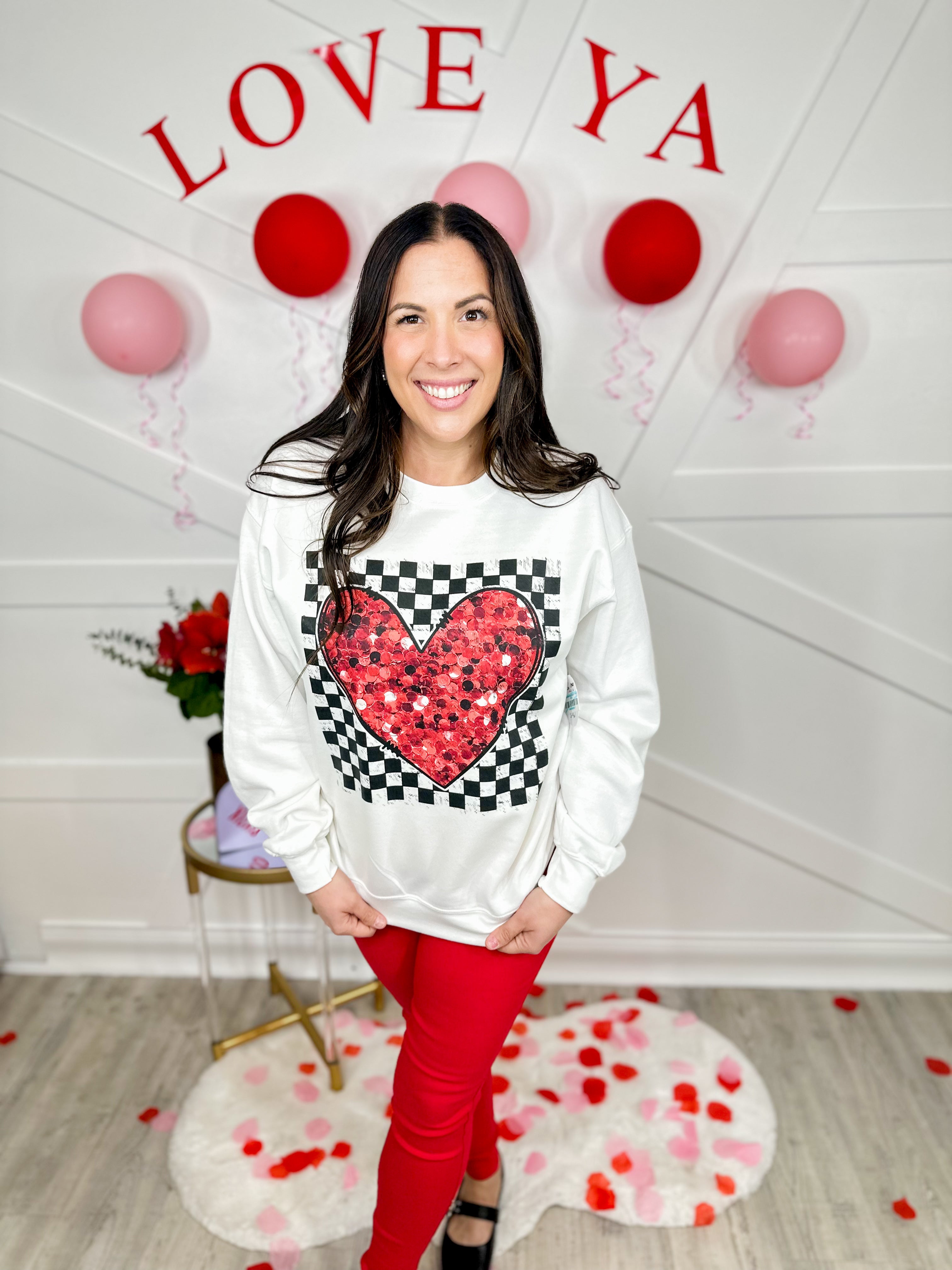 Checkered Glitter Heart Graphic Sweatshirt-130 Graphic Tees-Heathered Boho-Heathered Boho Boutique, Women's Fashion and Accessories in Palmetto, FL