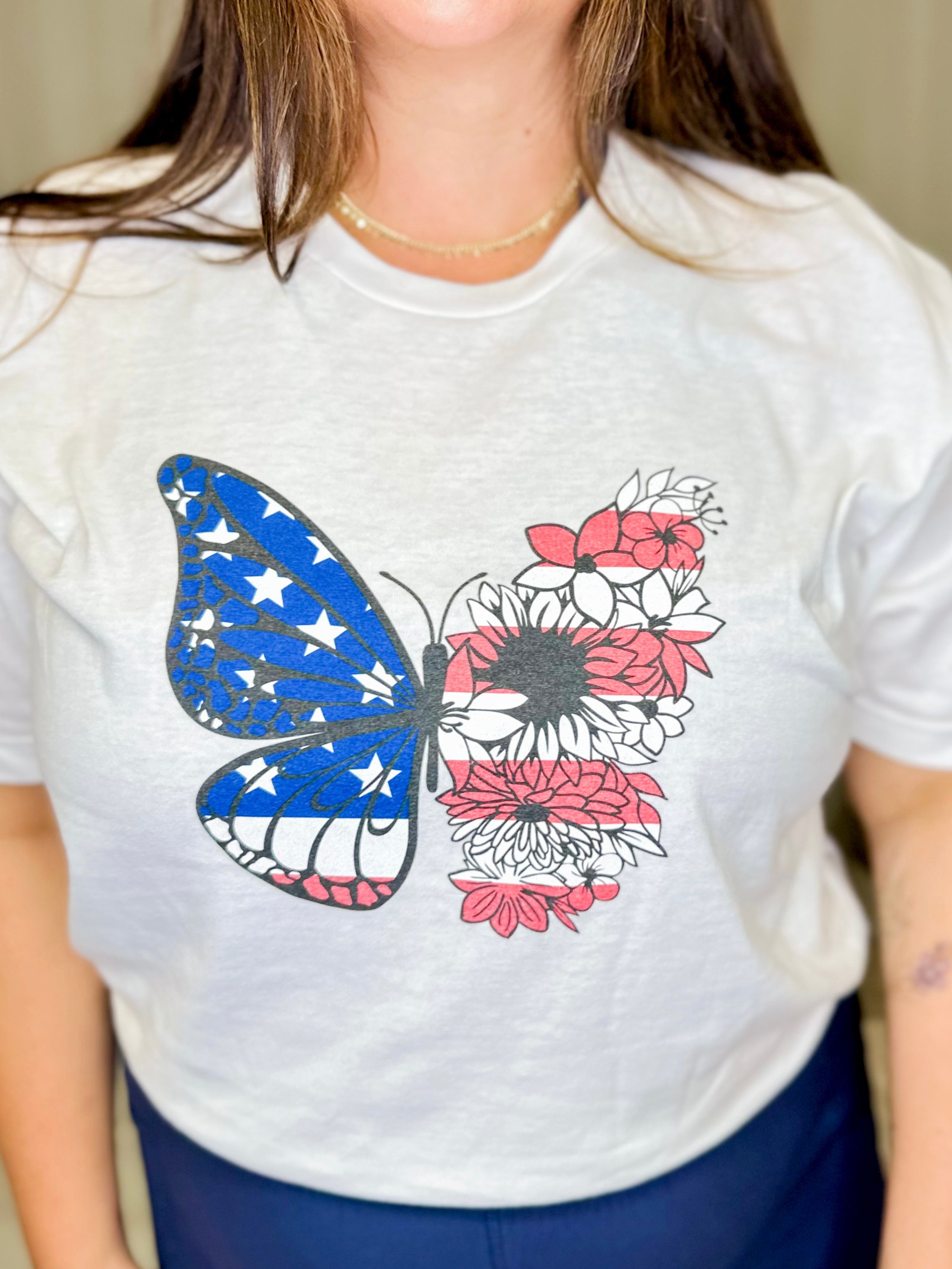 Butterfly Flag Graphic Tee-130 Graphic Tees-Heathered Boho-Heathered Boho Boutique, Women's Fashion and Accessories in Palmetto, FL
