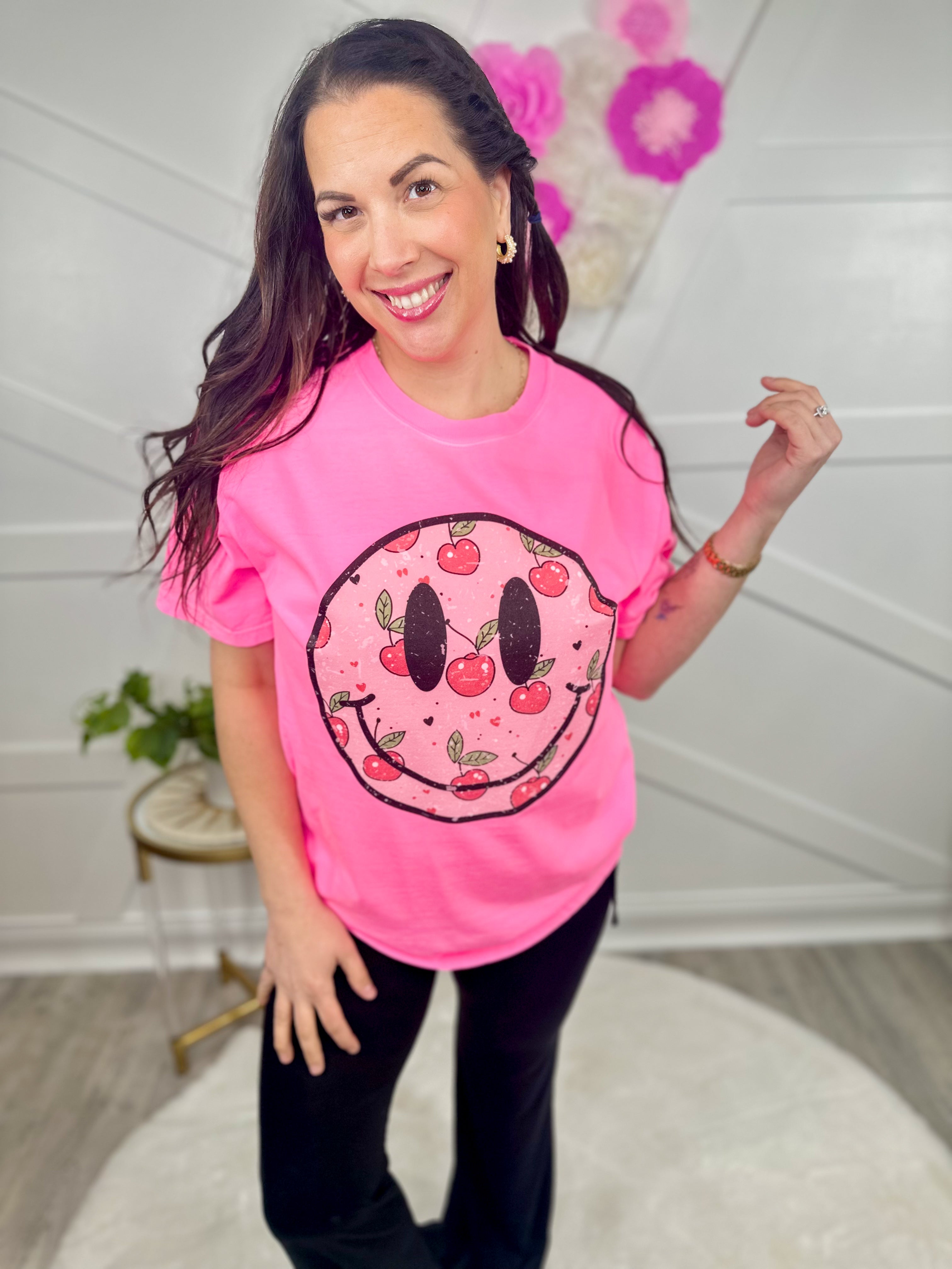 Cherry Smiley Face Graphic Tee-130 Graphic Tees-Heathered Boho-Heathered Boho Boutique, Women's Fashion and Accessories in Palmetto, FL