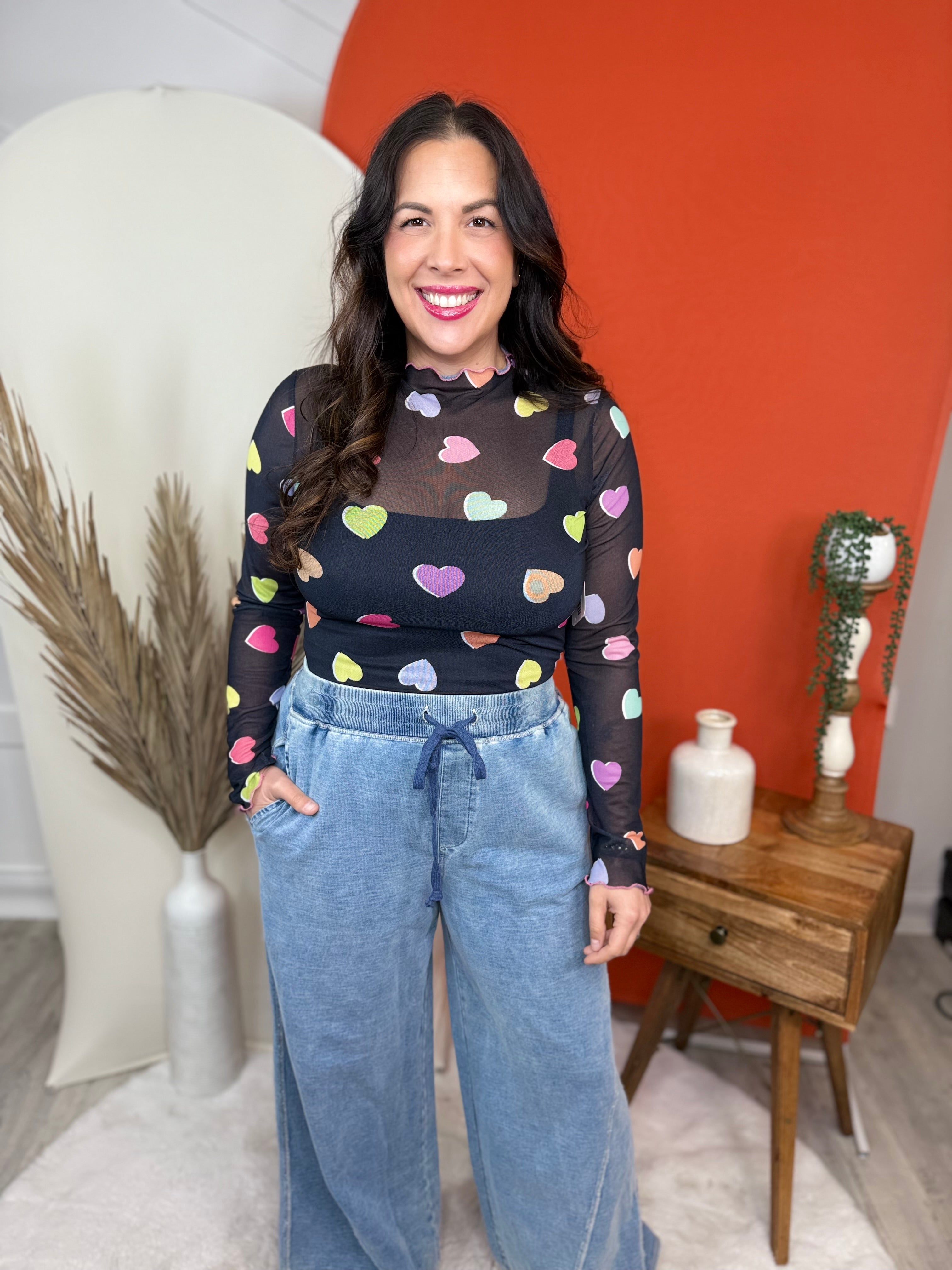 Candy Hearts Mesh Top-120 LONG SLEEVE TOPS-Nylon Apparel-Heathered Boho Boutique, Women's Fashion and Accessories in Palmetto, FL