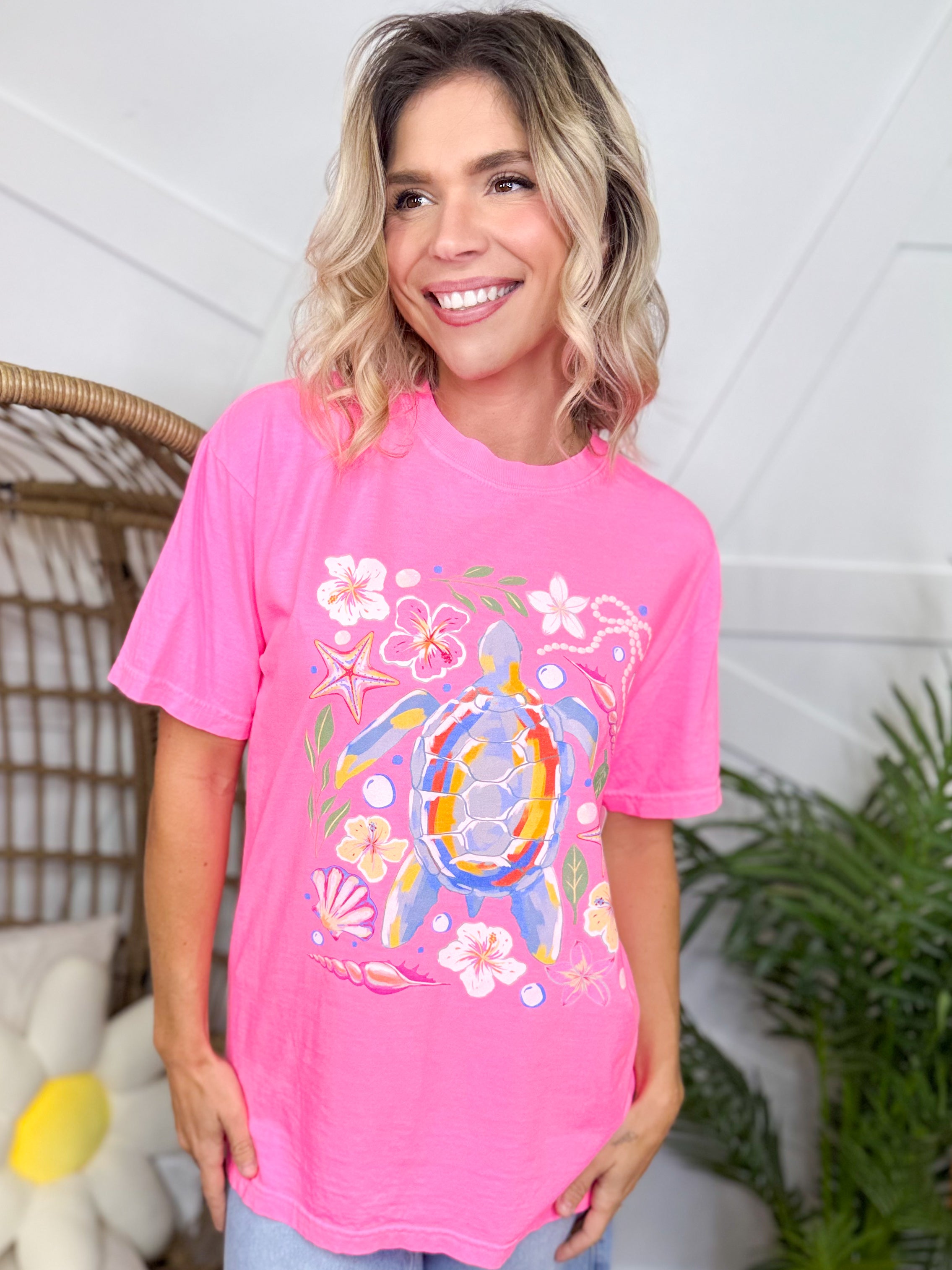 Tropical Floral Turtle Graphic Tee-130 Graphic Tees-Heathered Boho-Heathered Boho Boutique, Women's Fashion and Accessories in Palmetto, FL