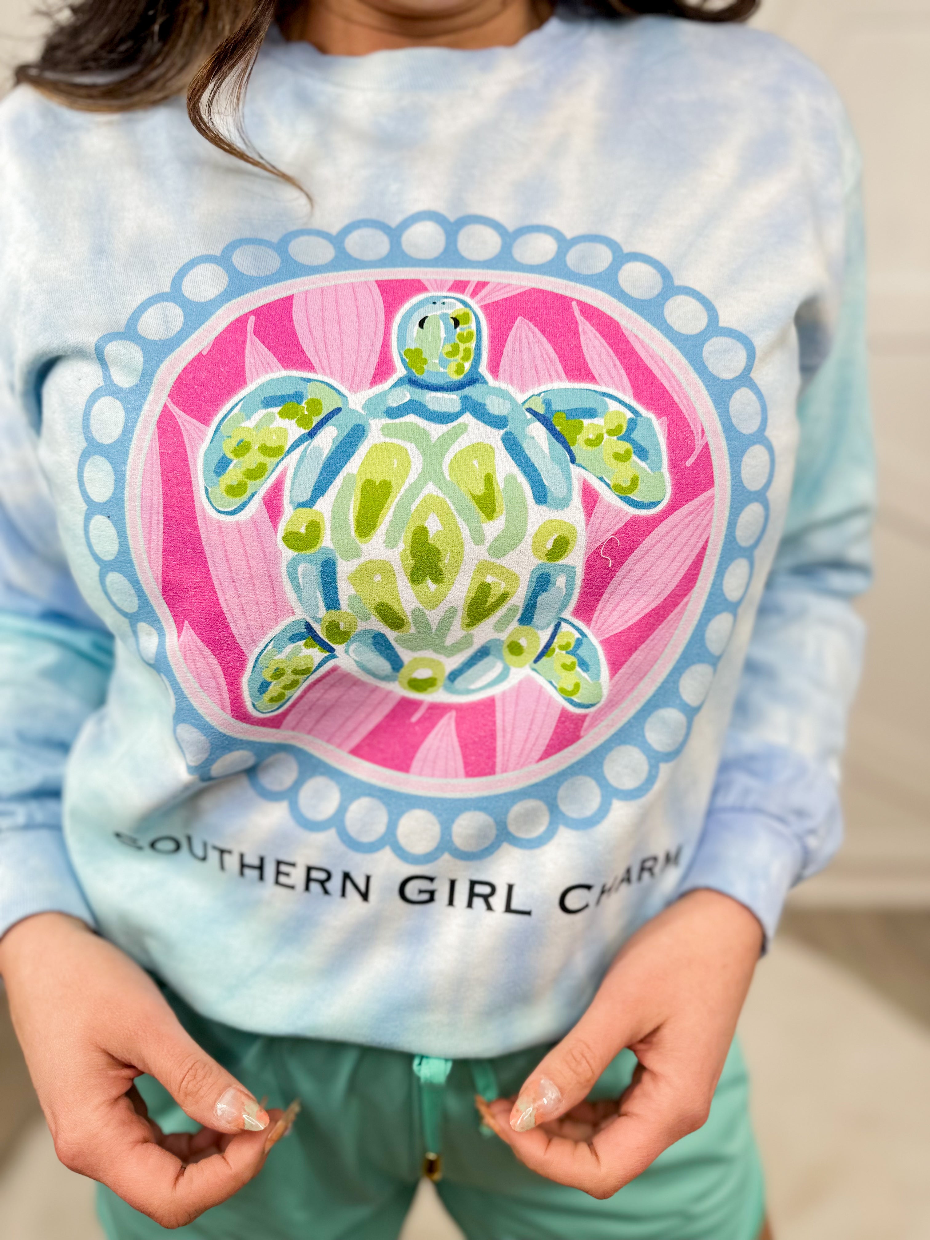 Southern Girl Charm Turtle Graphic Long Sleeve - Lagoon-130 Graphic Tees-Heathered Boho-Heathered Boho Boutique, Women's Fashion and Accessories in Palmetto, FL