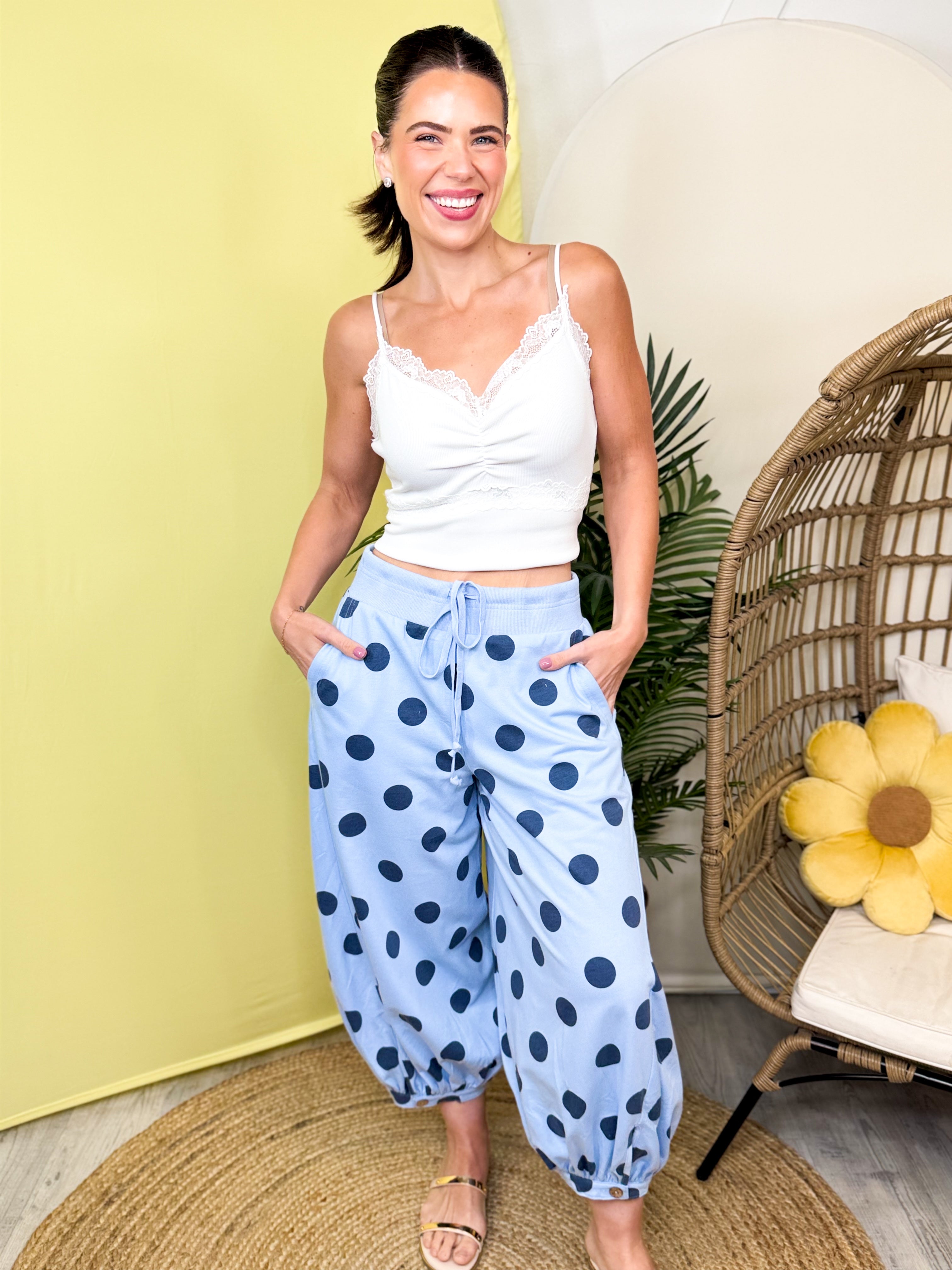 Restock: Dot It Your Way Balloon Pants-150 PANTS-ODDI-Heathered Boho Boutique, Women's Fashion and Accessories in Palmetto, FL