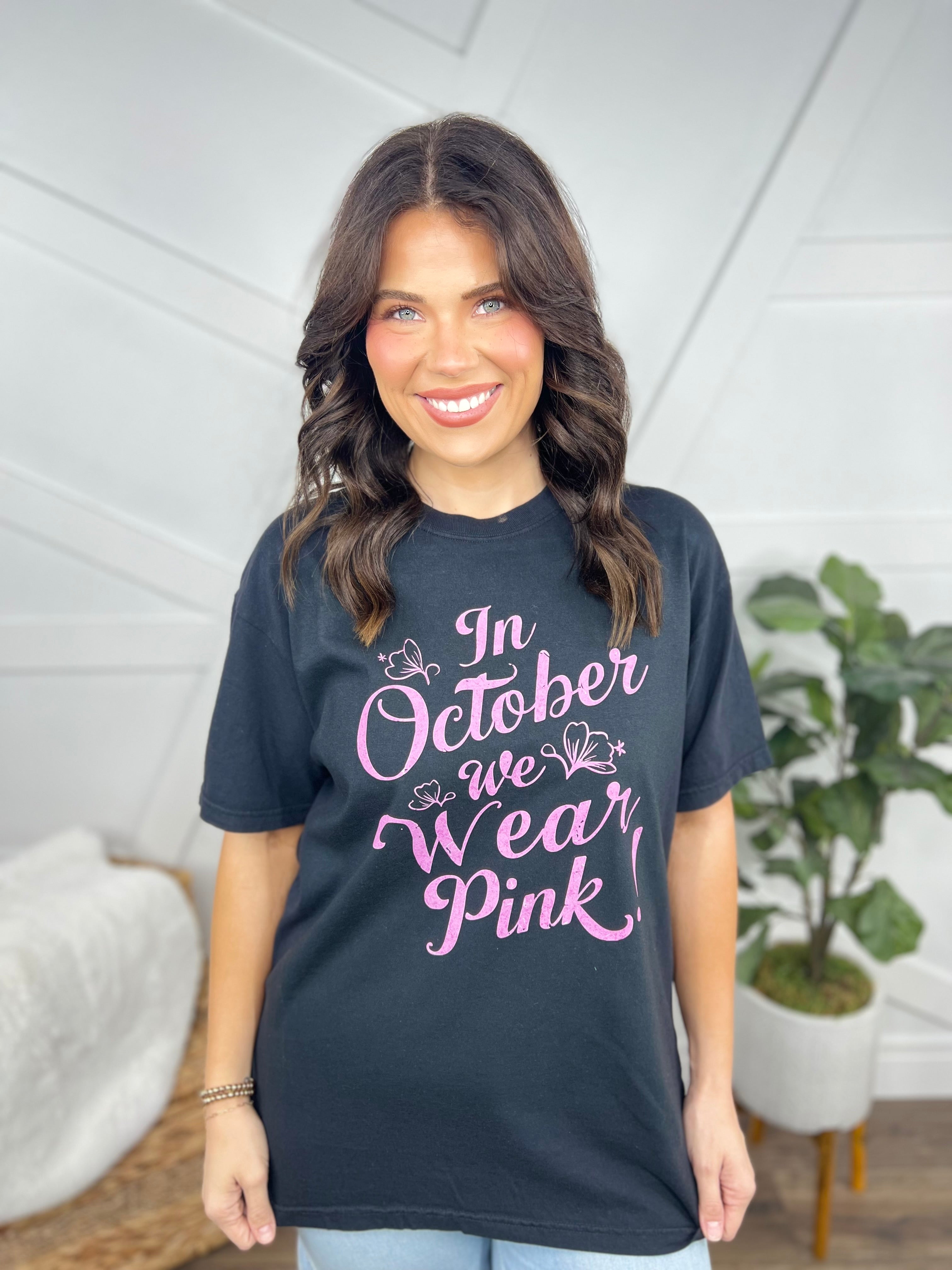 In October We Wear Pink Graphic Tee-130 Graphic Tees-Heathered Boho-Heathered Boho Boutique, Women's Fashion and Accessories in Palmetto, FL