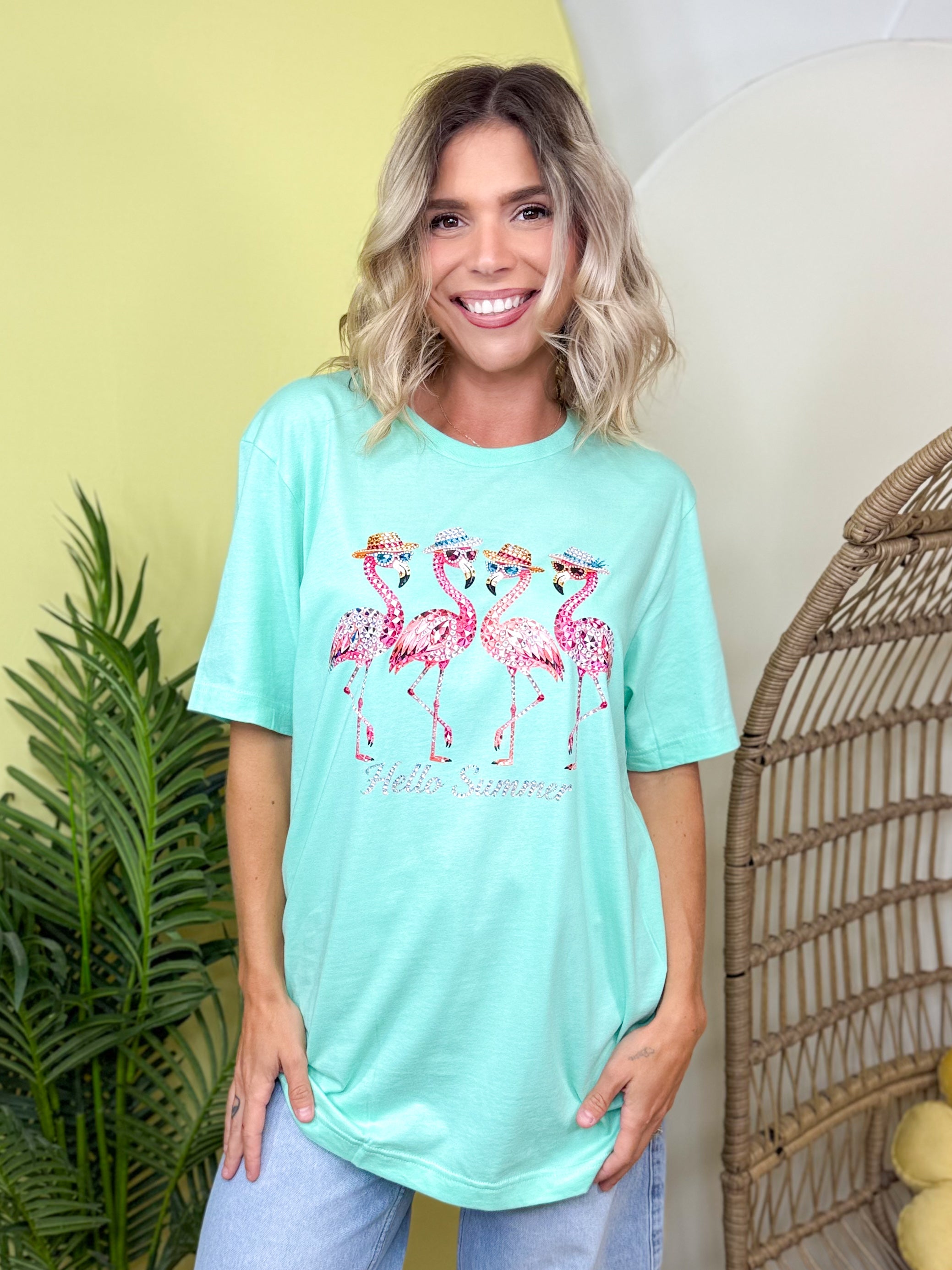 Hello Summer Flamingo Graphic Tee-130 Graphic Tees-Heathered Boho-Heathered Boho Boutique, Women's Fashion and Accessories in Palmetto, FL