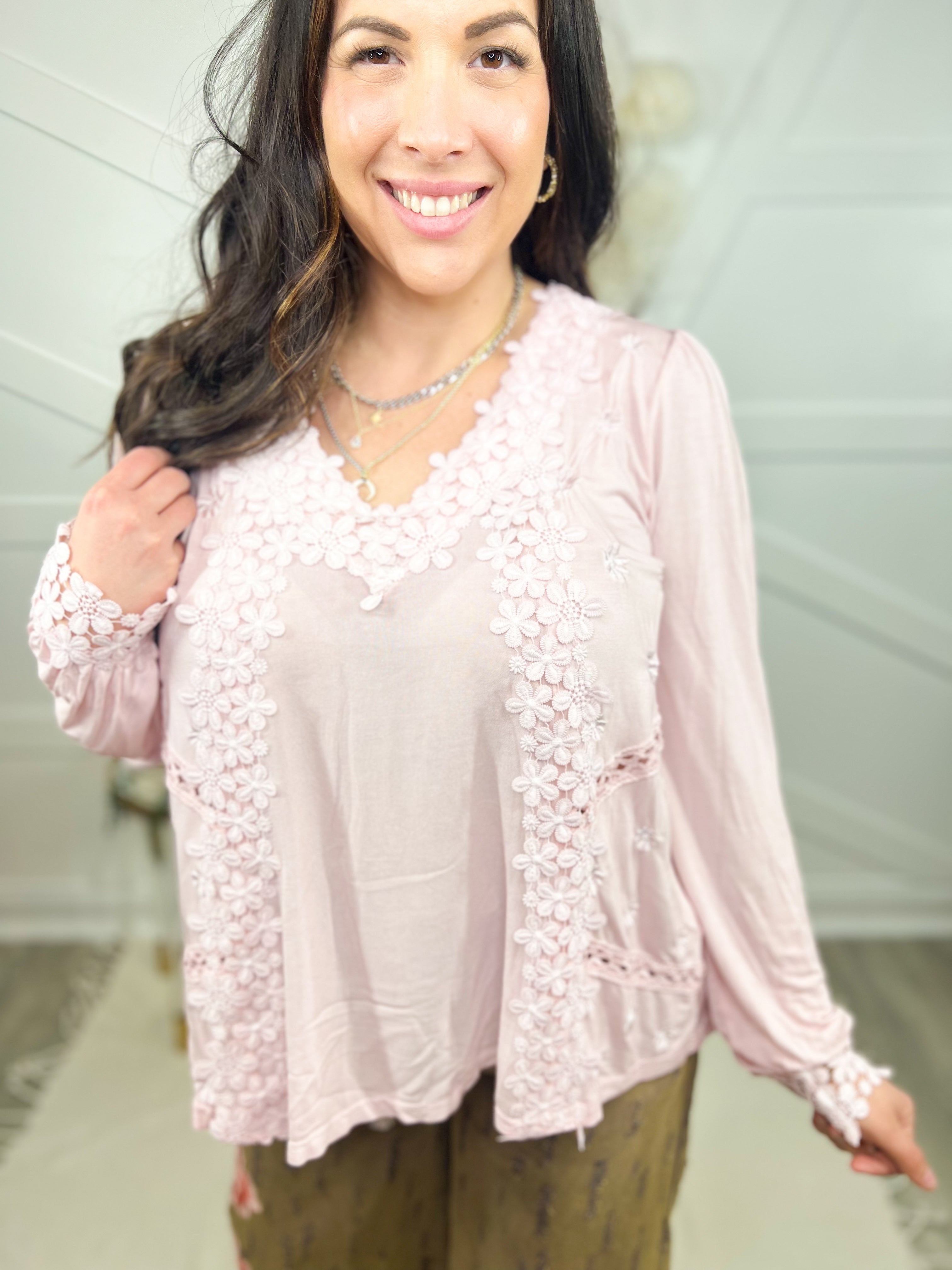 RESTOCK : Flowerets Long Sleeve Top-120 Long Sleeve Tops-Pol-Heathered Boho Boutique, Women's Fashion and Accessories in Palmetto, FL