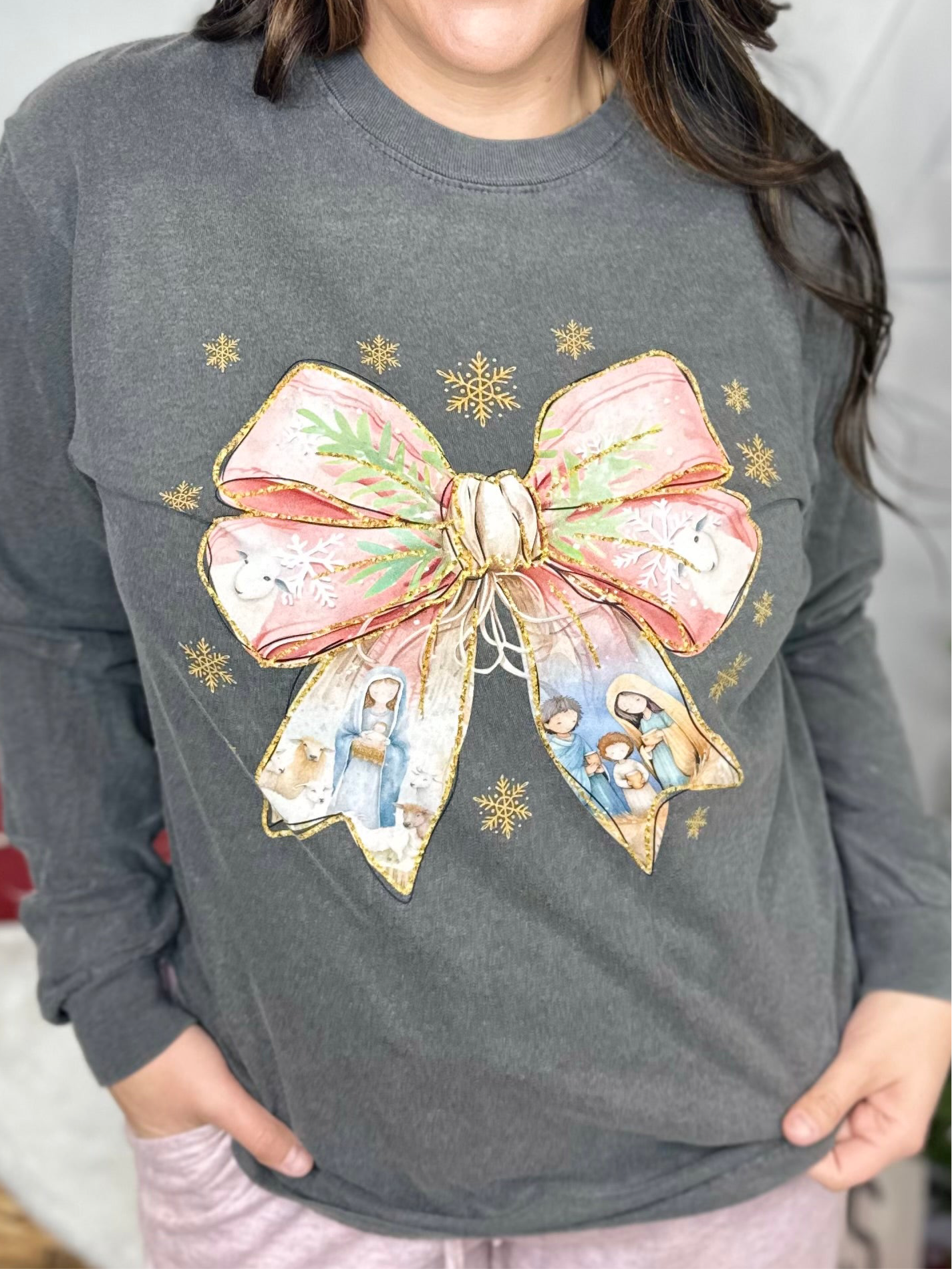 Nativity Bow Graphic Long Sleeve-120 Long Sleeve Tops-Heathered Boho-Heathered Boho Boutique, Women's Fashion and Accessories in Palmetto, FL