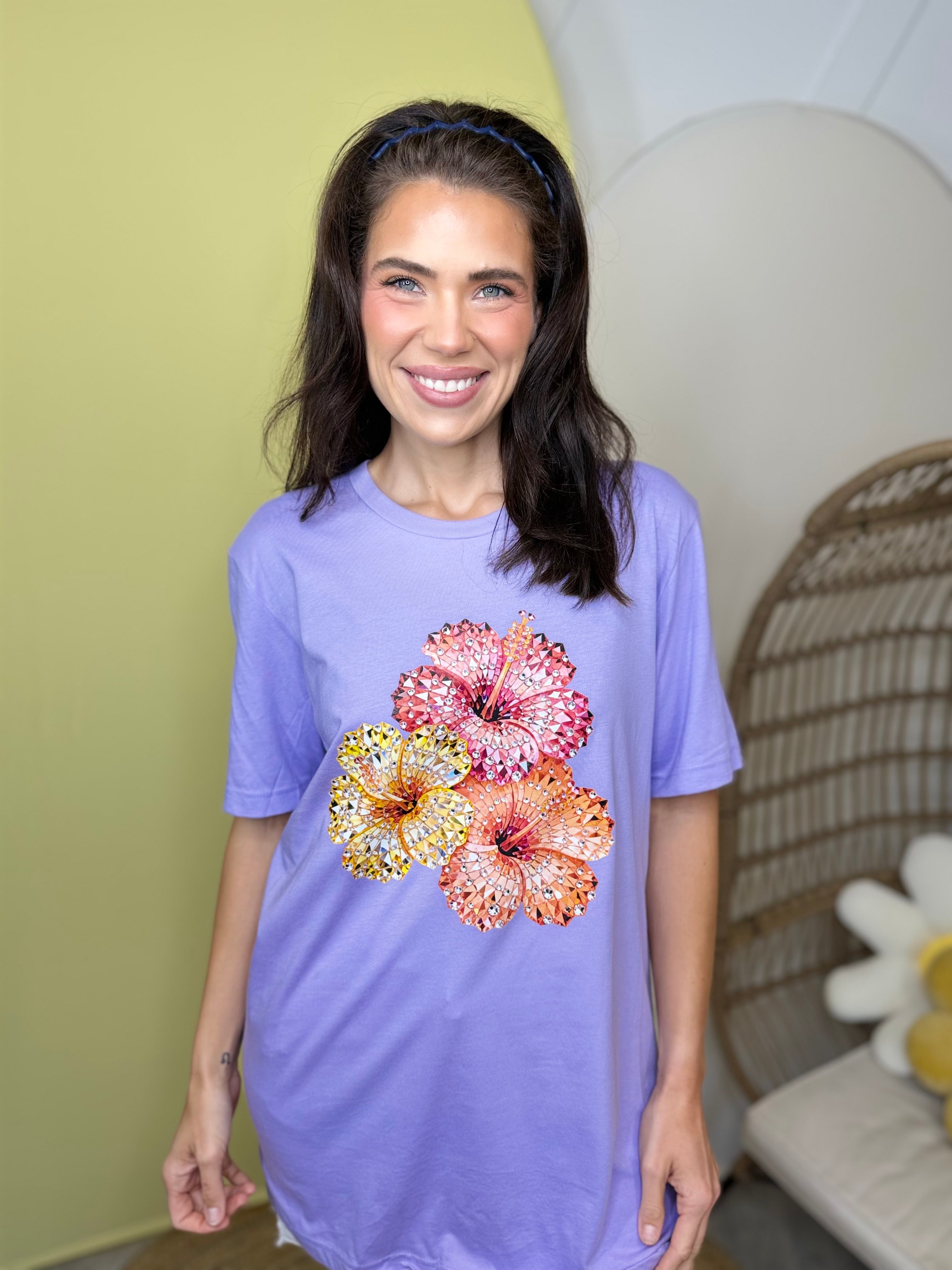 Rhinestone Hibiscus Flower Graphic Tee-130 Graphic Tees-Heathered Boho-Heathered Boho Boutique, Women's Fashion and Accessories in Palmetto, FL