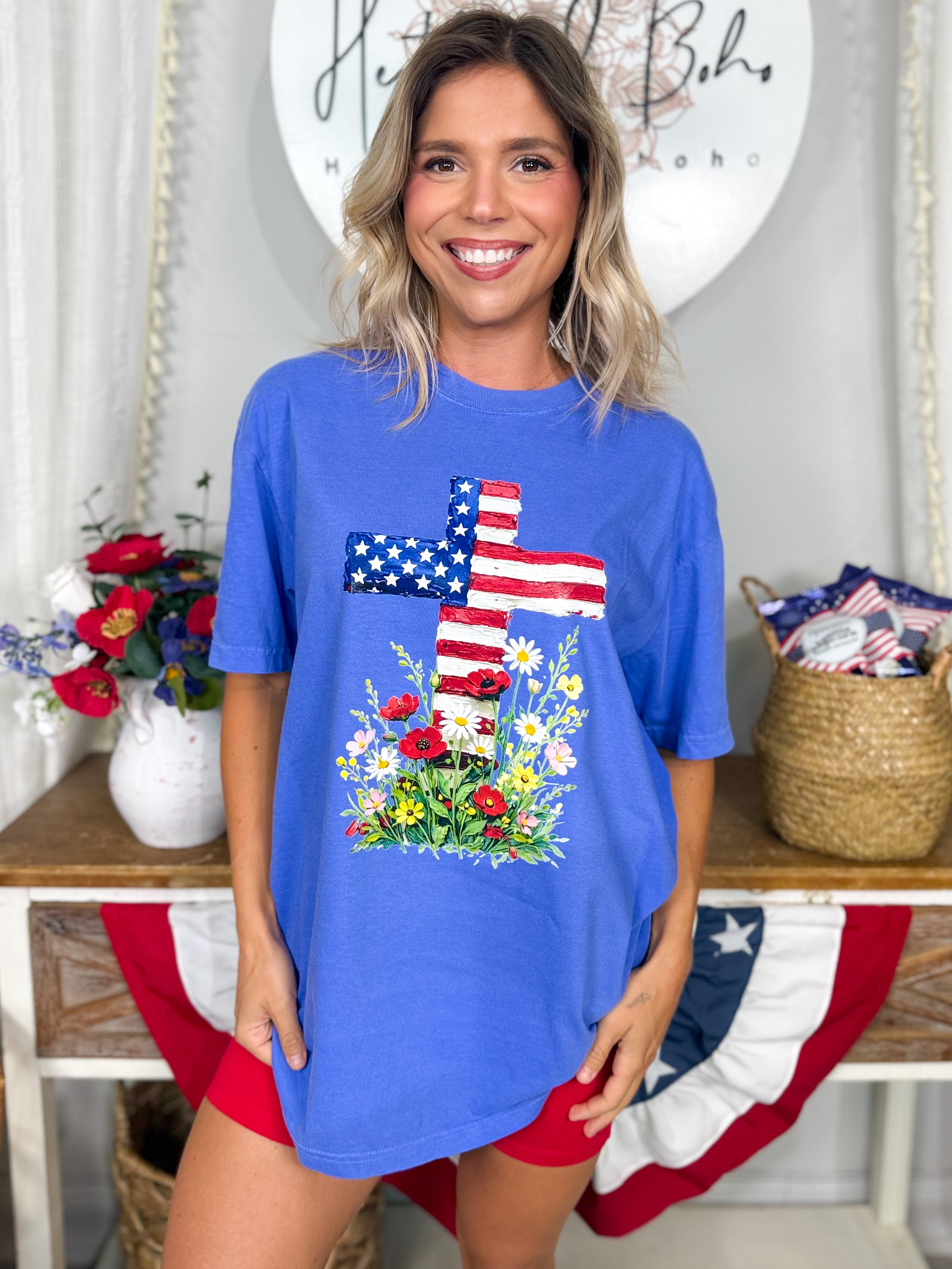 American Cross Graphic Tee-130 Graphic Tees-Heathered Boho-Heathered Boho Boutique, Women's Fashion and Accessories in Palmetto, FL