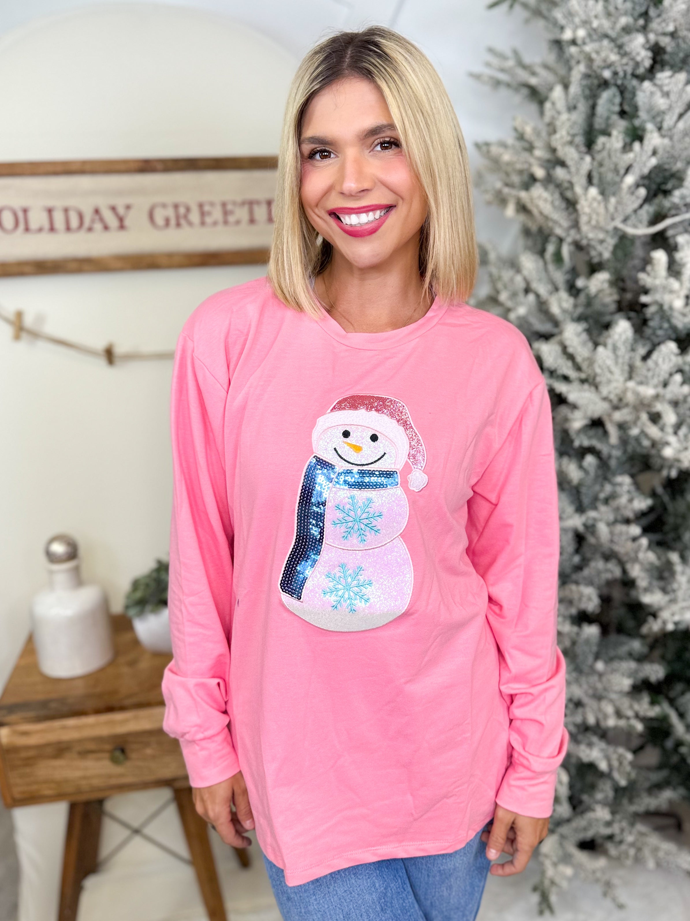 Glitter Snowman Sweatshirt-120 LONG SLEEVE TOPS-SOUTHERN GRACE-Heathered Boho Boutique, Women's Fashion and Accessories in Palmetto, FL